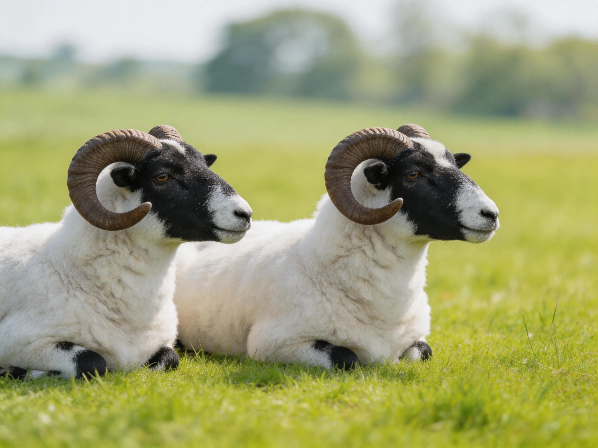 Two horned sheep rest on lush green grass
