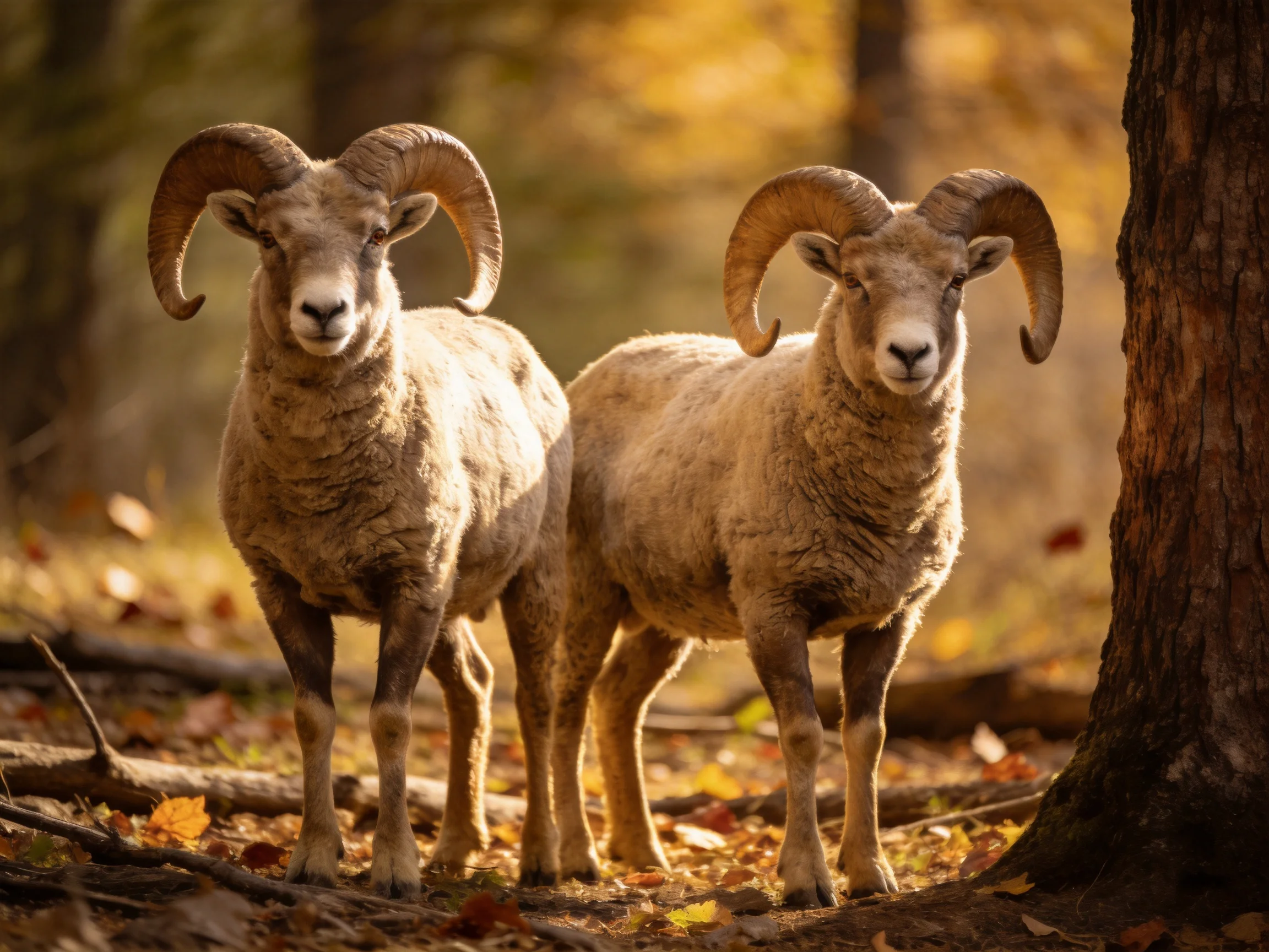 Two horned sheep stand in a sunlit forest with autumn leaves