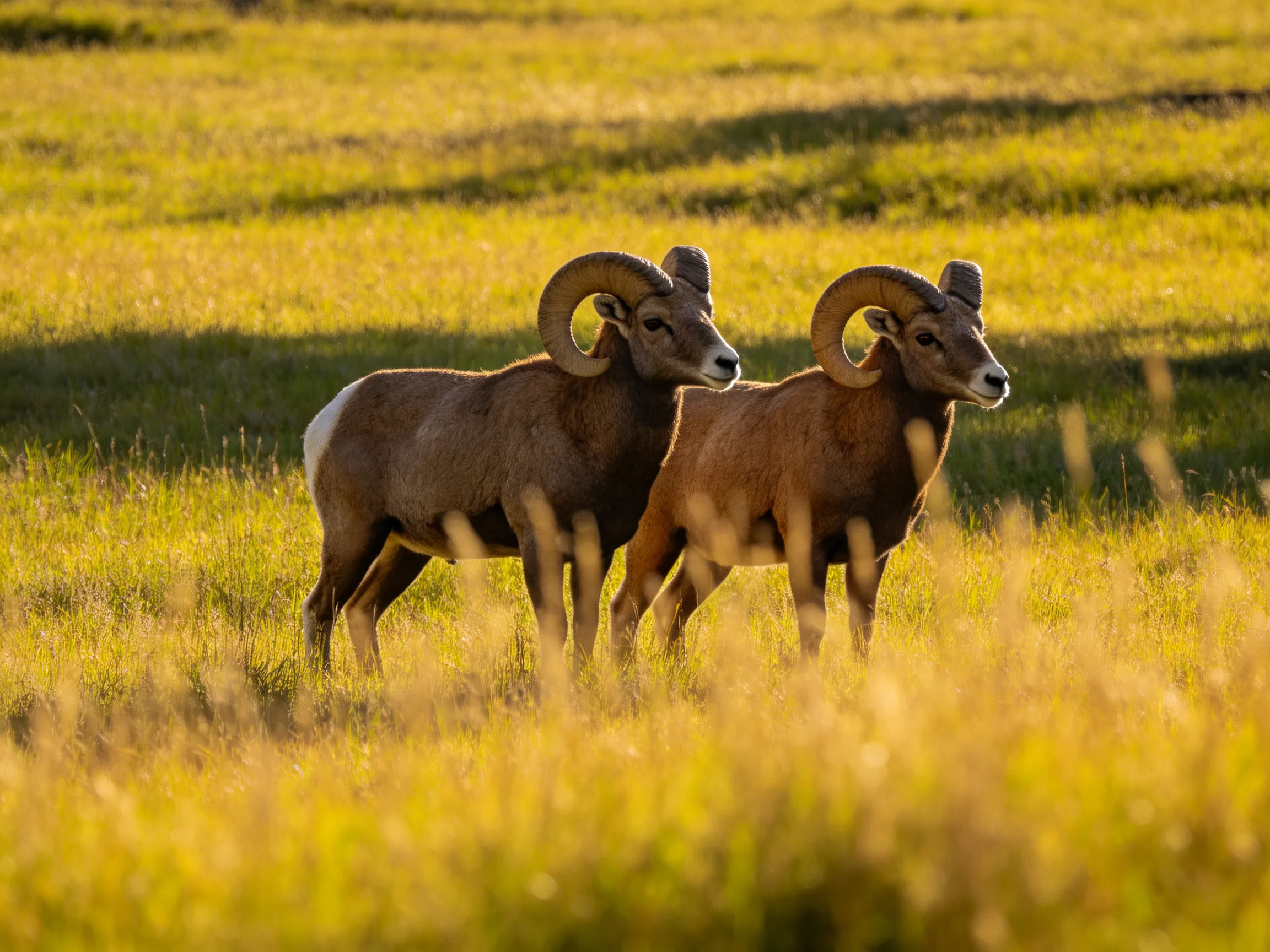 Two horned sheep stand together in golden grassland