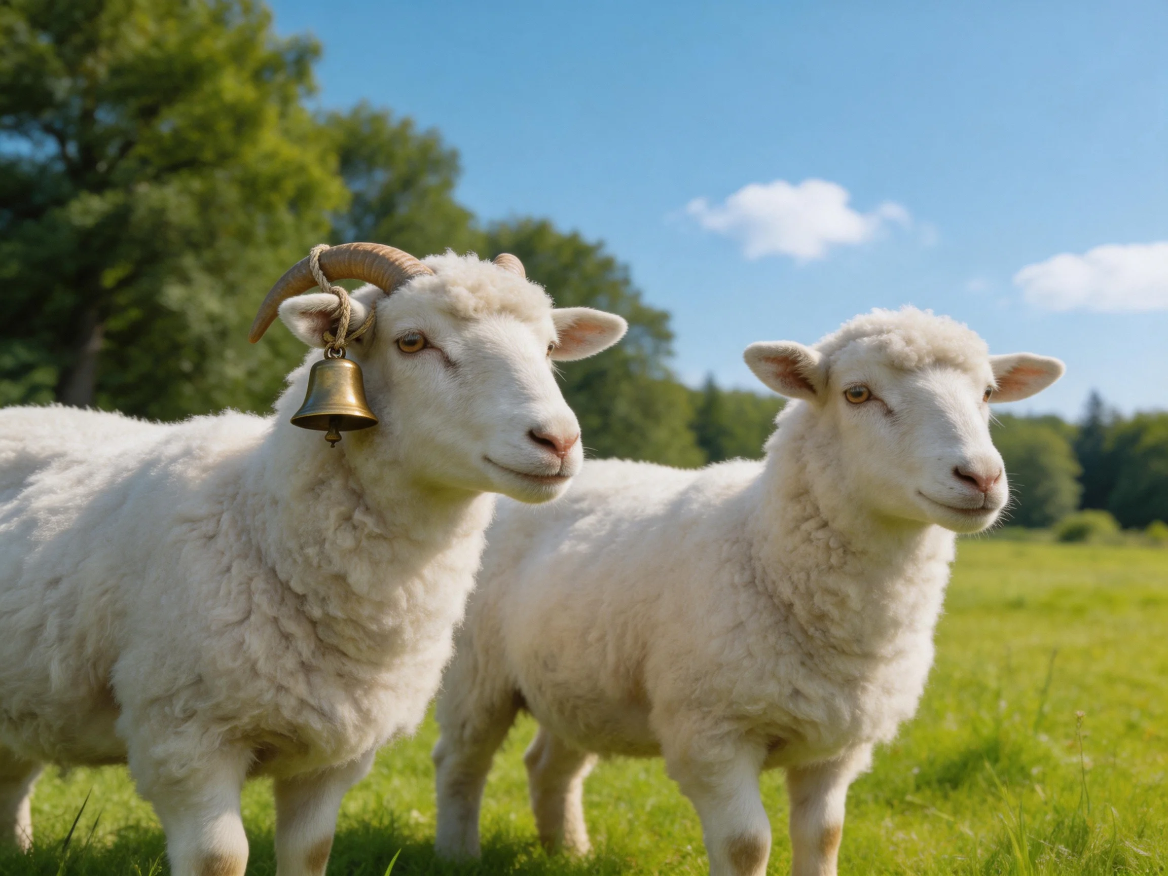 Two horned sheep with a bell in a sunny green meadow