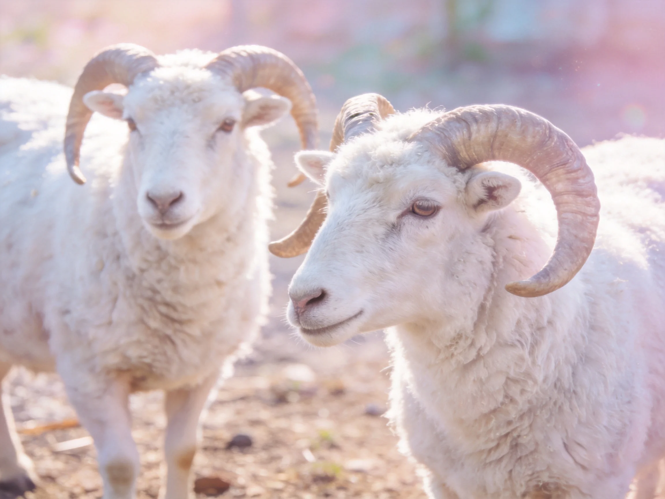 Two horned sheep with thick white wool under sunny light