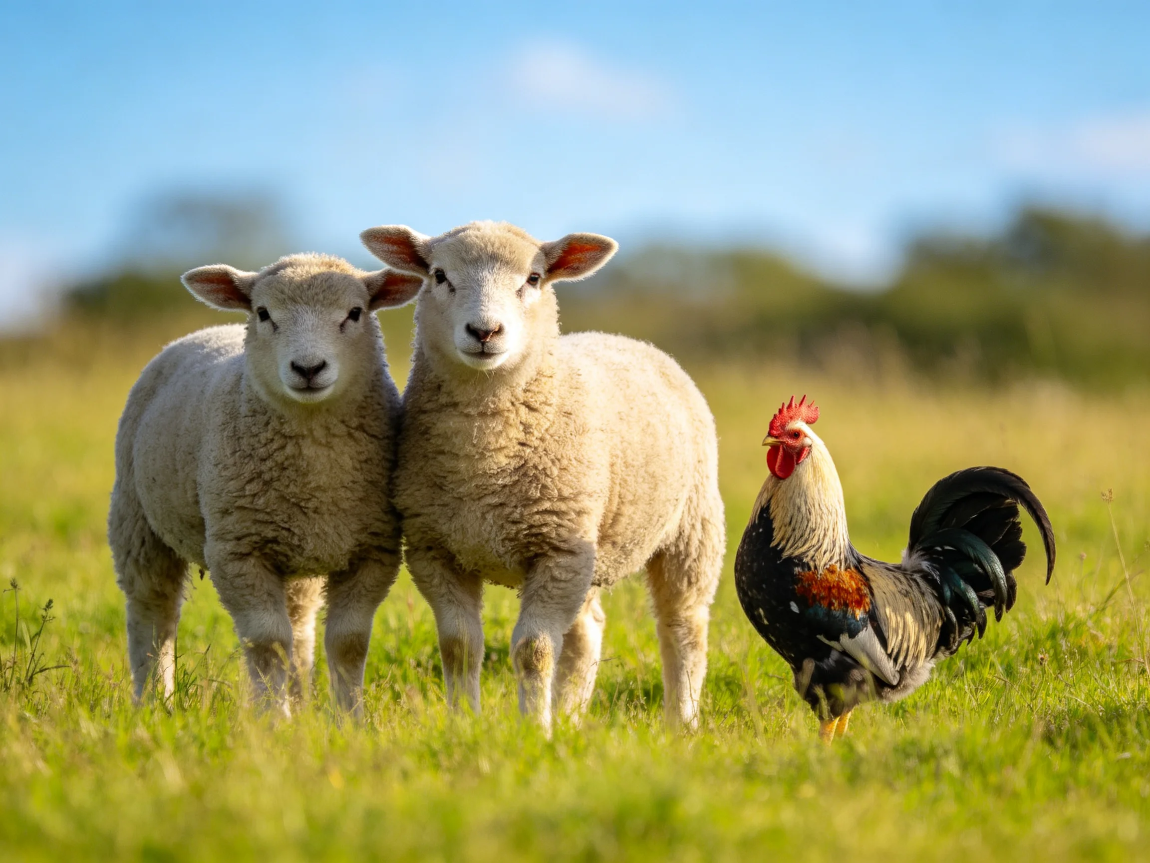 Two lambs and a colorful rooster in a sunlit meadow