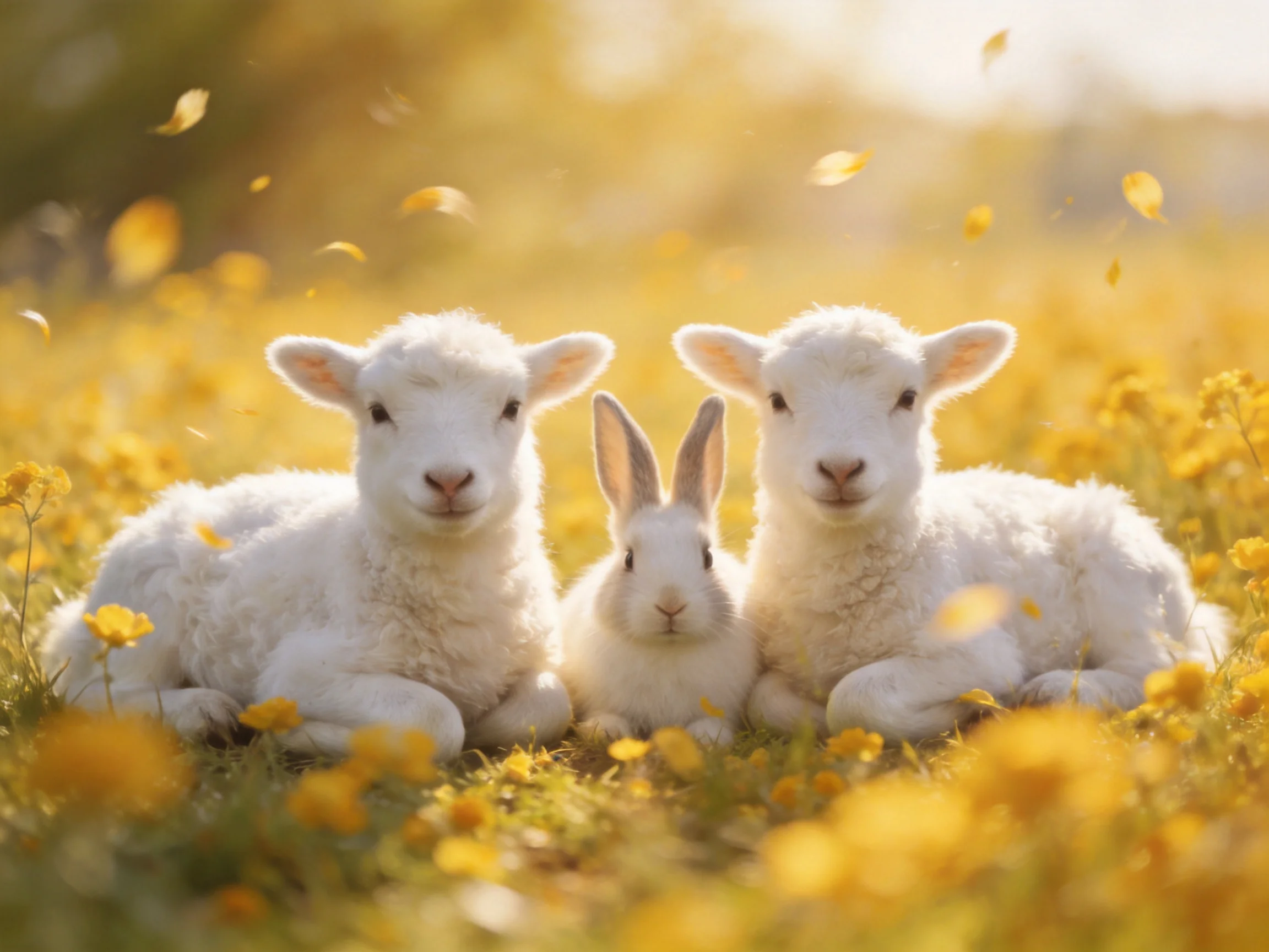 Two lambs and a rabbit rest in a golden flower field
