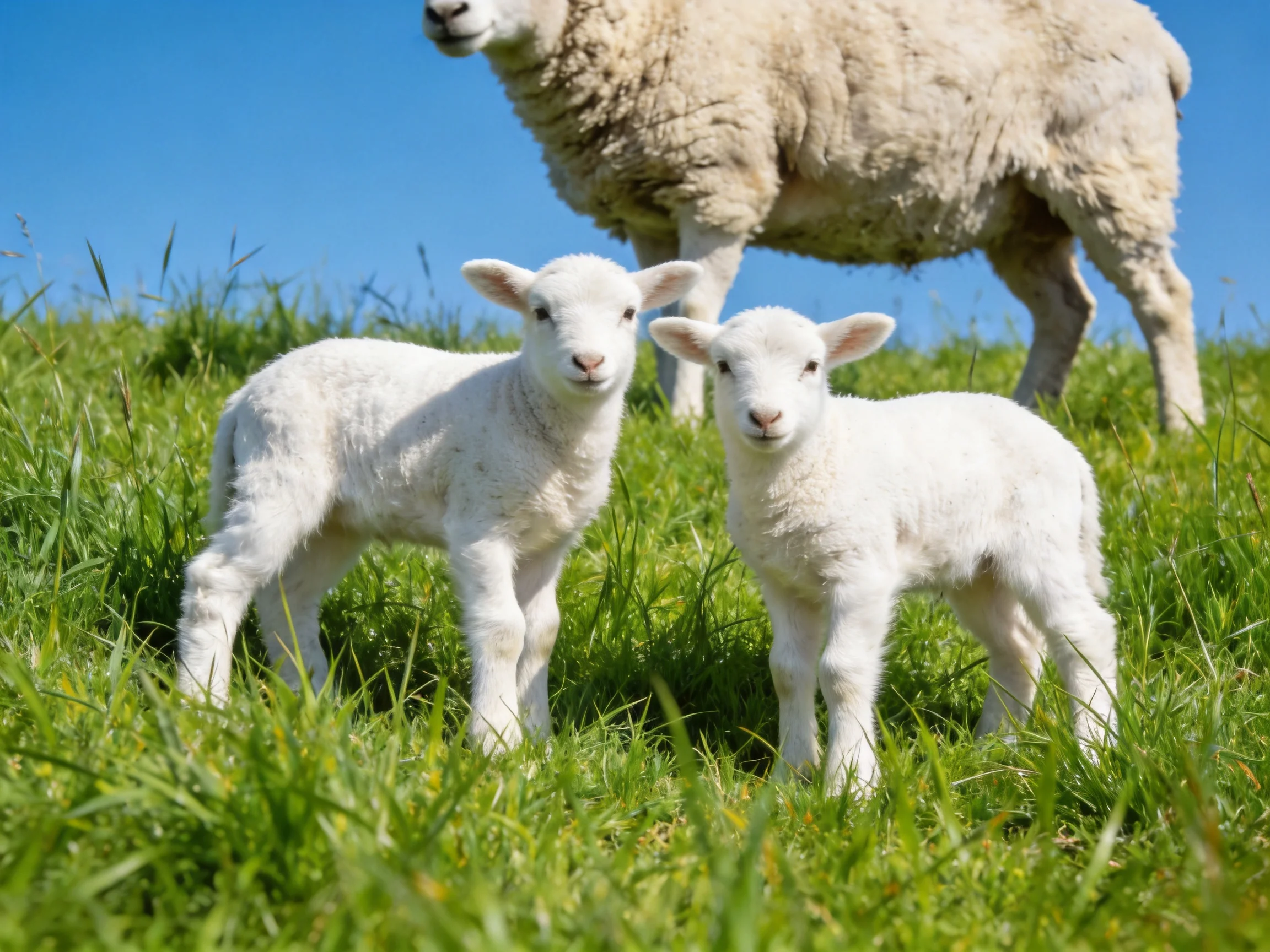 Two lambs and one adult sheep in lush green grass under clear blue sky