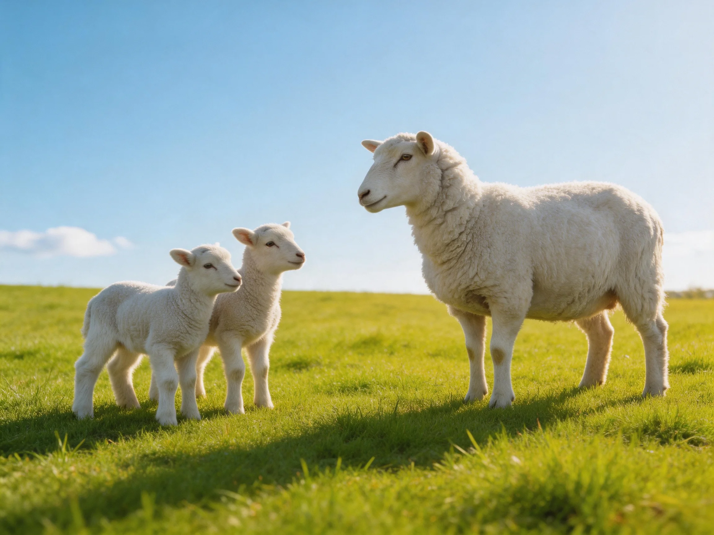Two lambs and one adult sheep stand on a lush green meadow under a clear blue sky