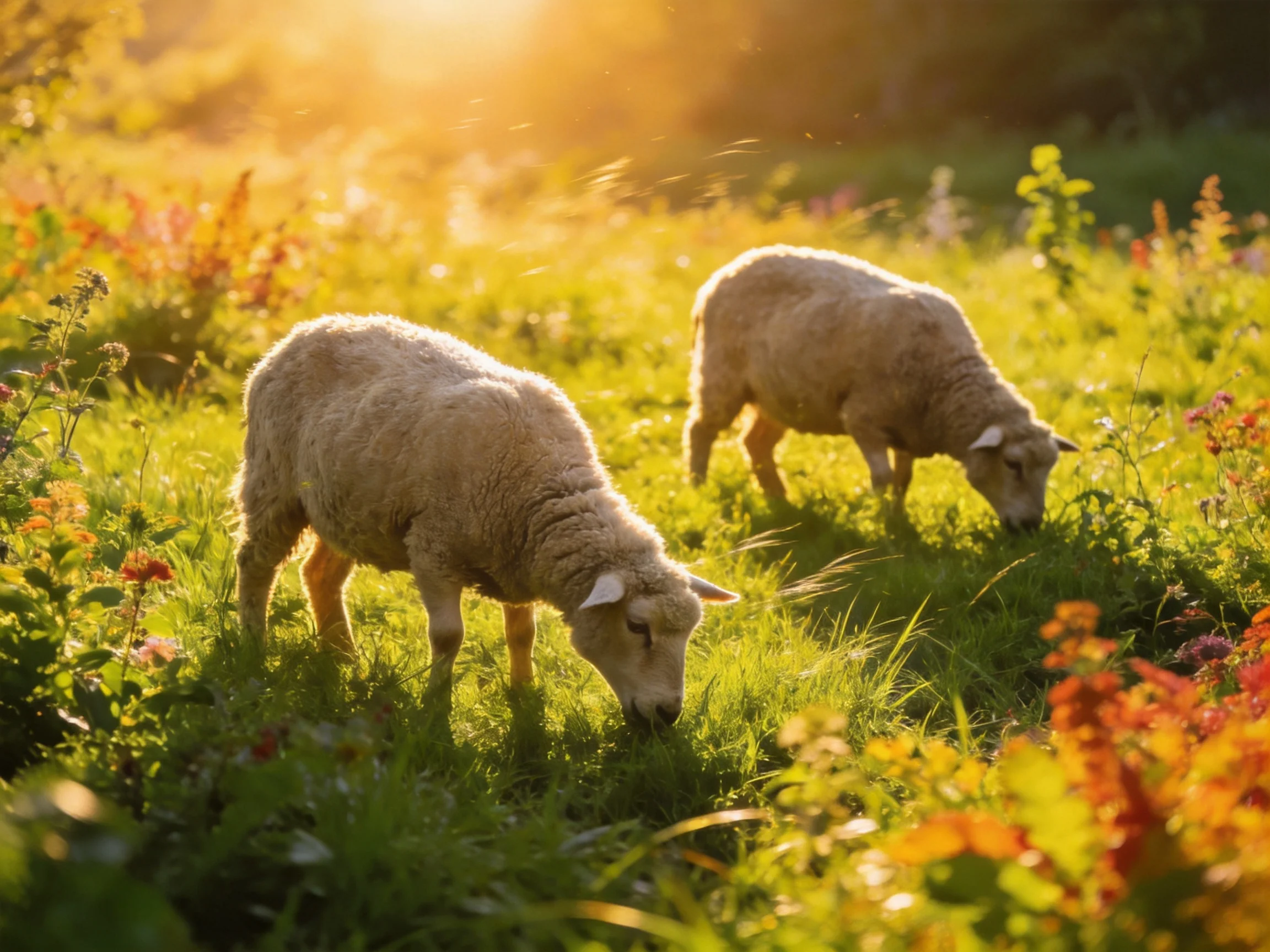 Two lambs graze in a sun-drenched meadow of green and gold