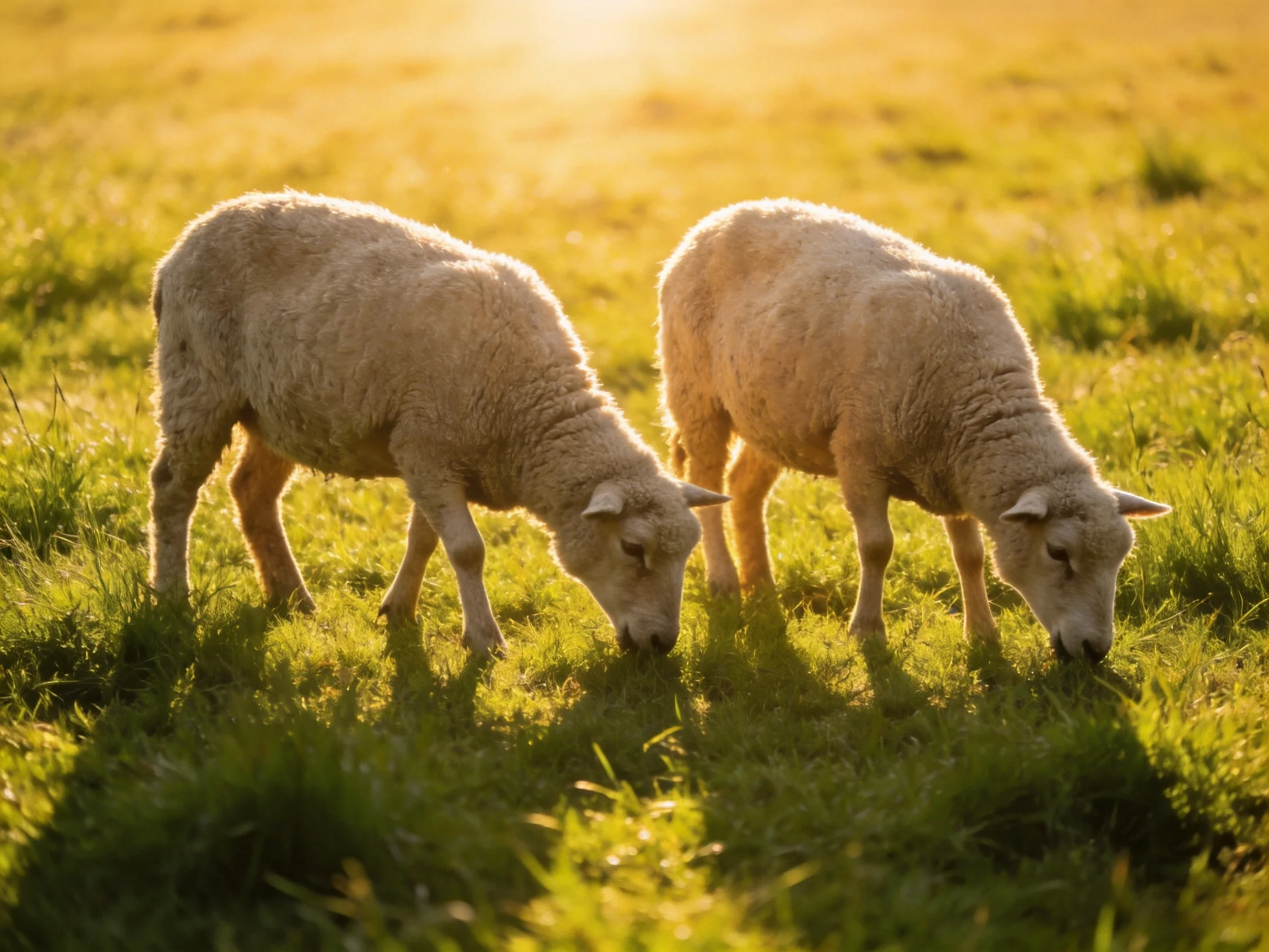 Two lambs graze in a sunlit golden-green meadow