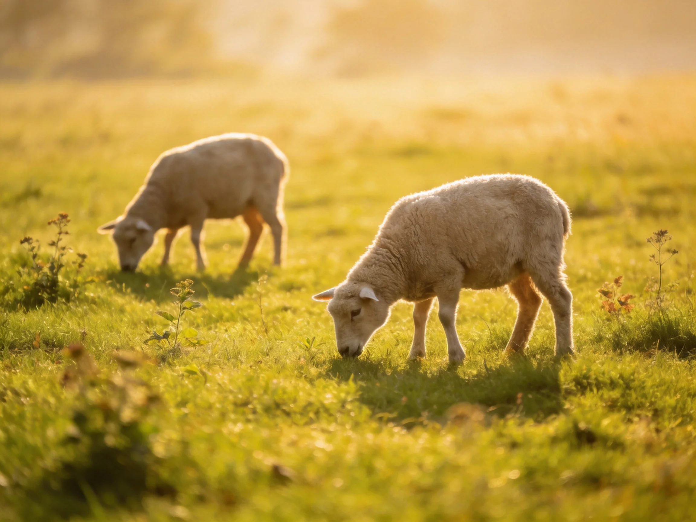Two lambs graze in a sunlit green pasture with soft morning light