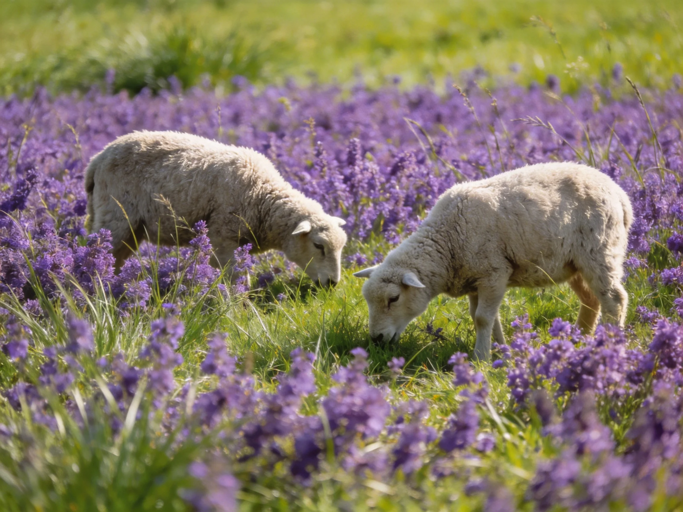 Two lambs graze in a vibrant purple flower-filled meadow