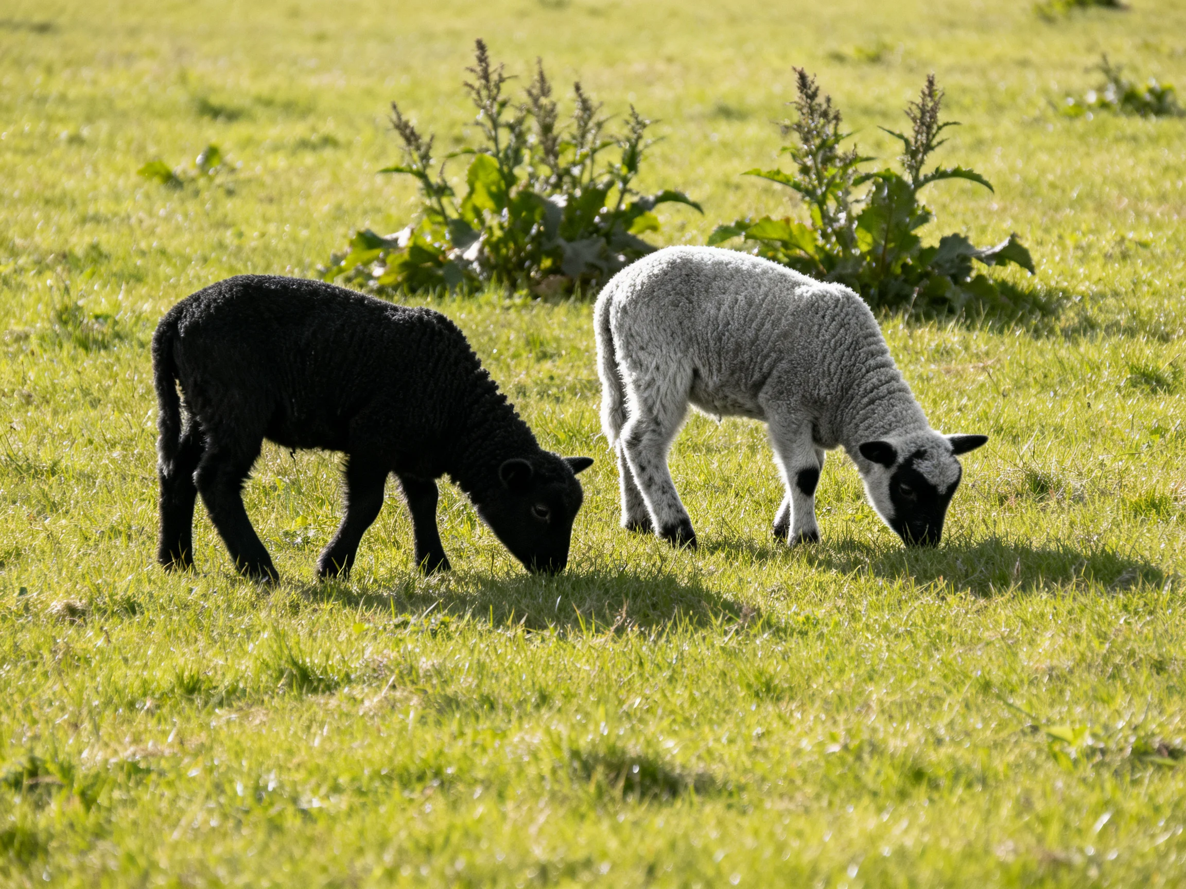 Two lambs graze—one black, one white—in a sunlit green meadow