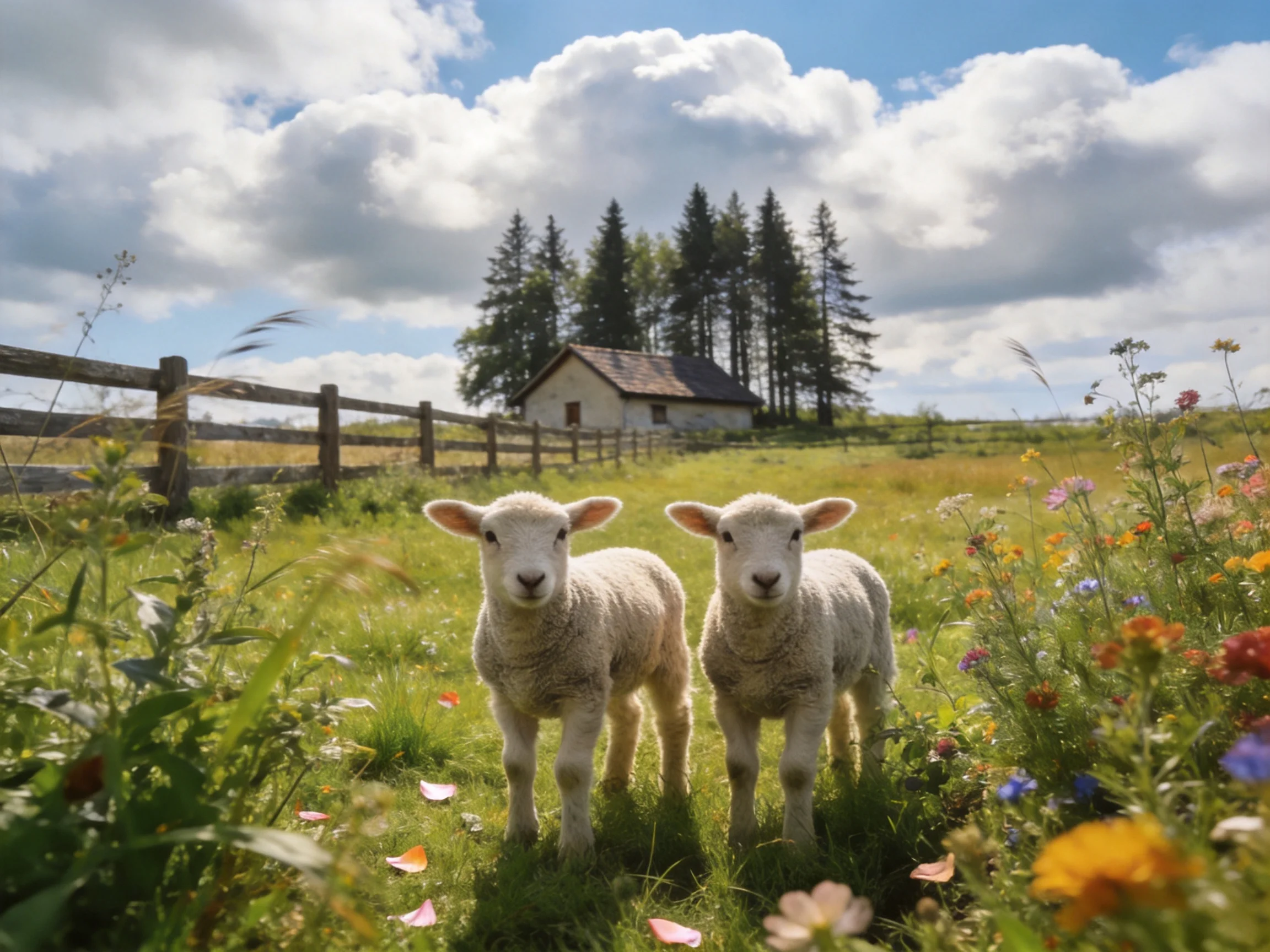 Two lambs in a colorful wildflower meadow near a wooden fence