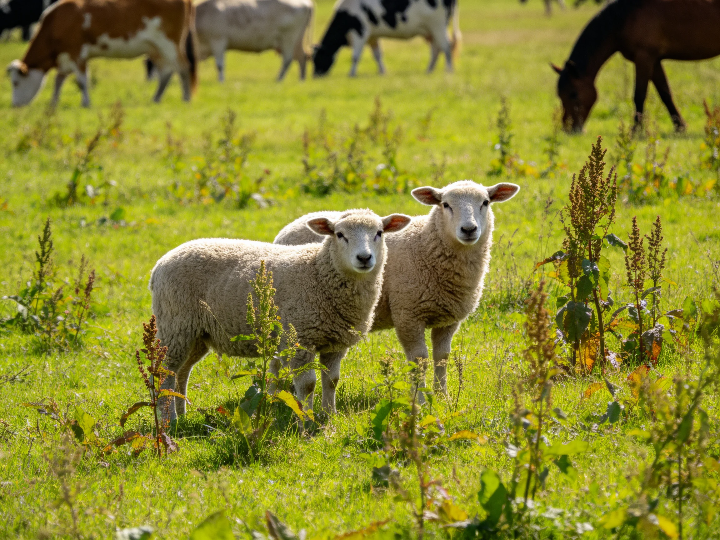 Two lambs in a green meadow with grazing cows and a horse