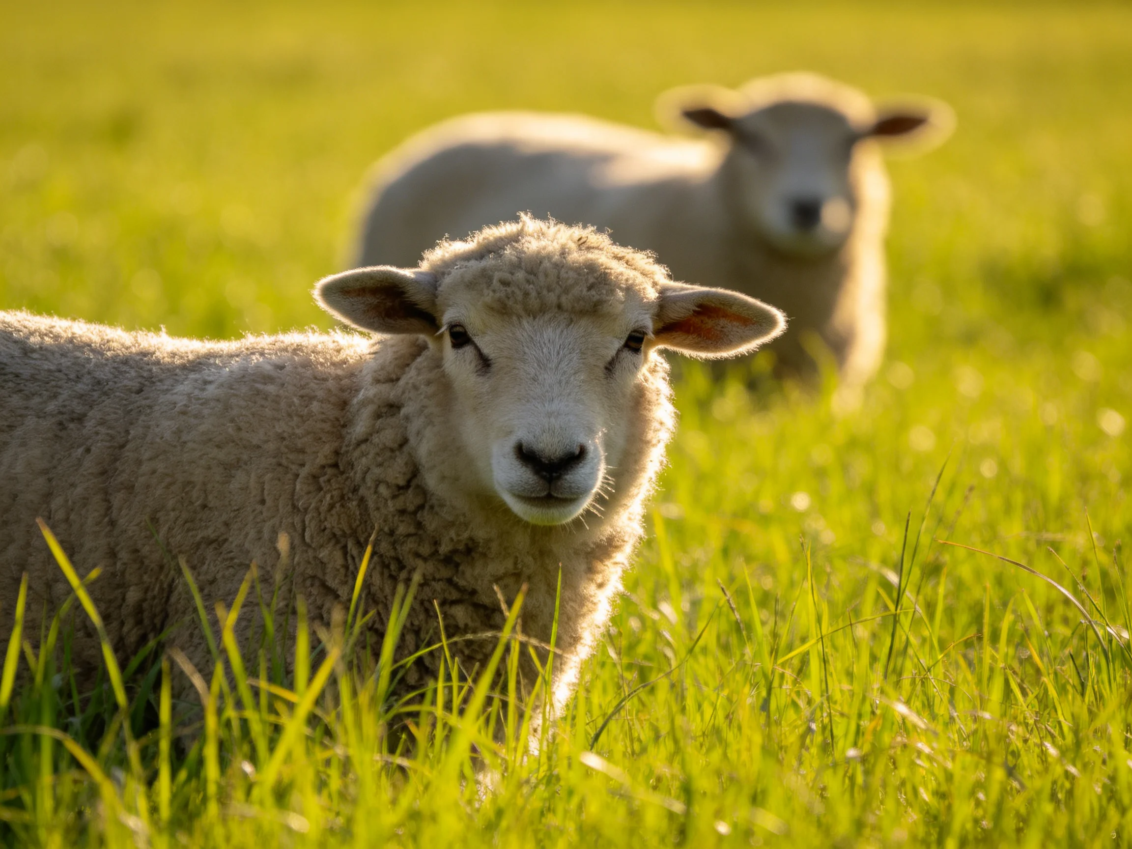 Two lambs in a sunlit green meadow with thick wool