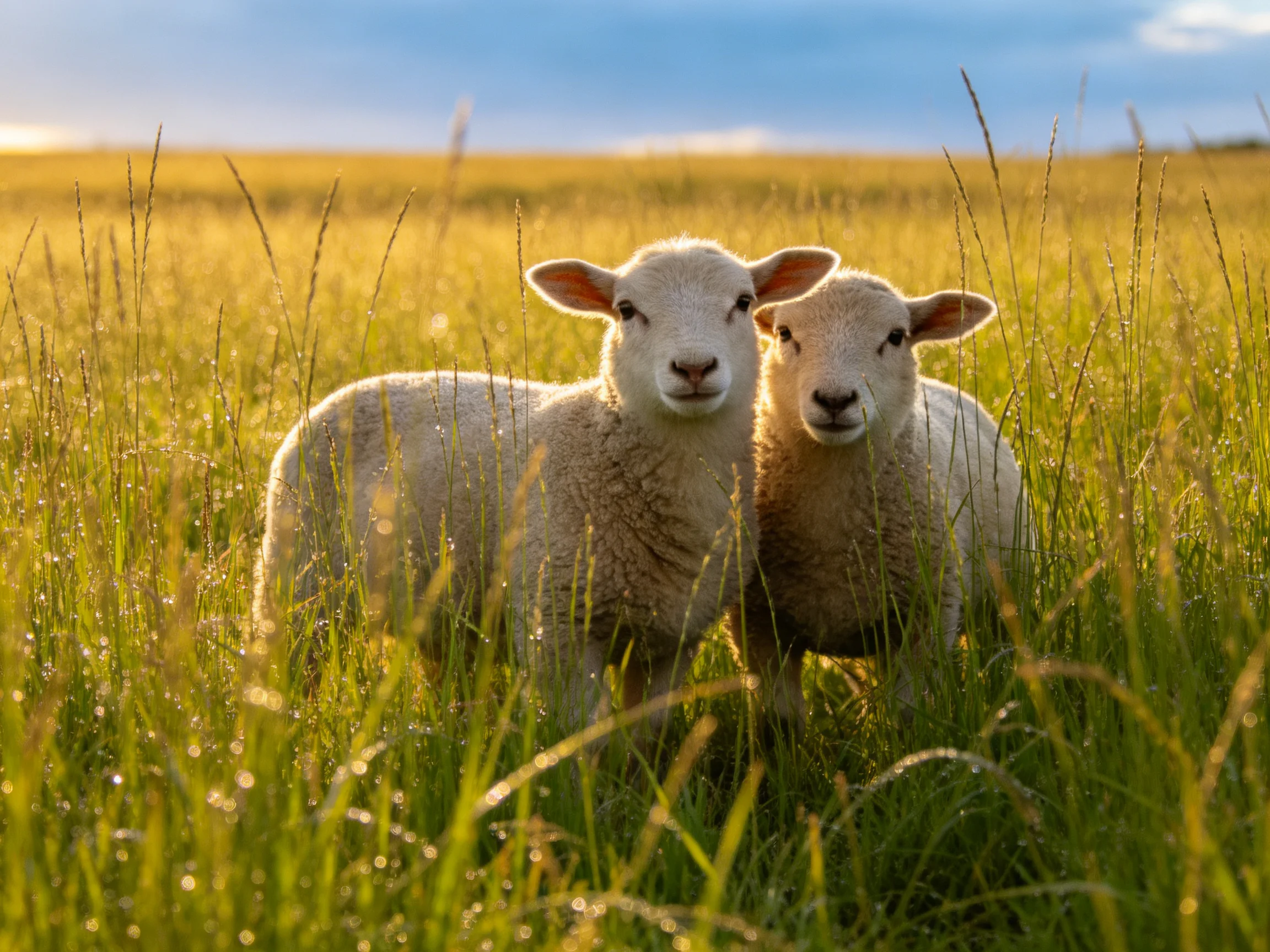 Two lambs nestled in a sun-drenched, tall grassy meadow