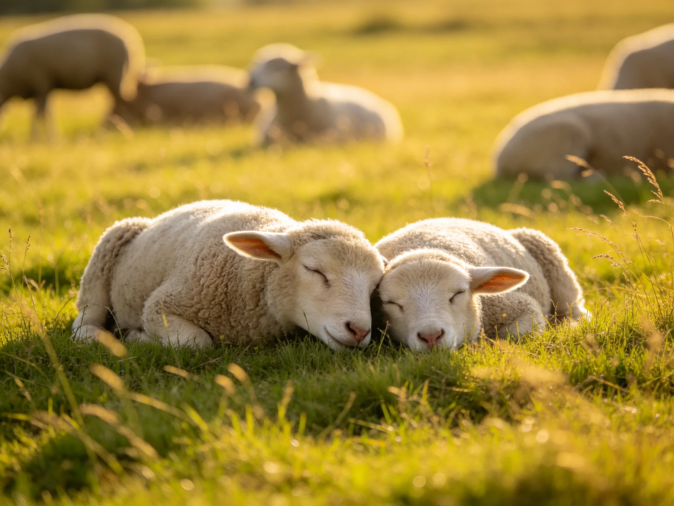 Two lambs nuzzle together in sunlit green meadows with grazing sheep