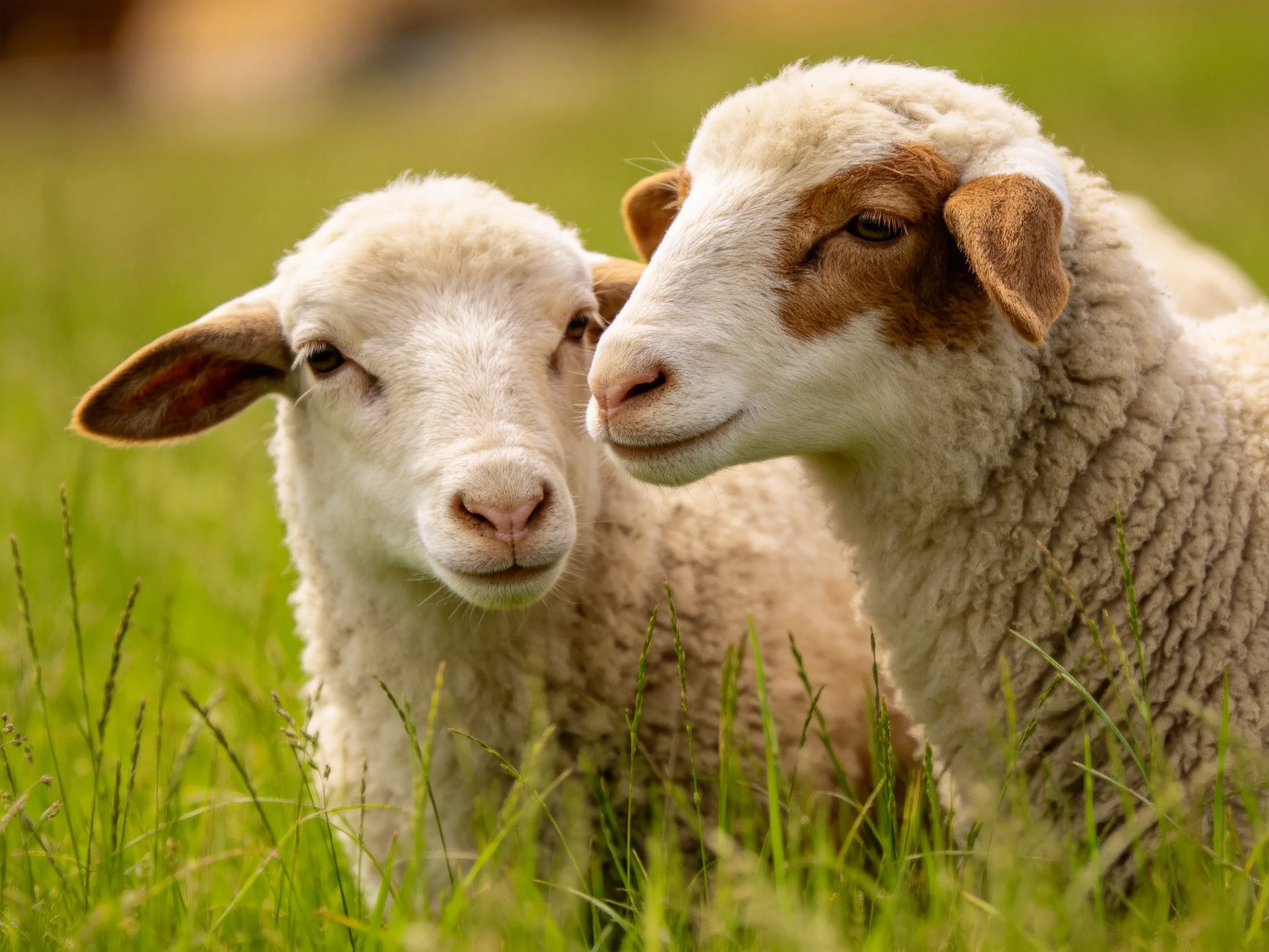 Two lambs nuzzling in a lush green meadow