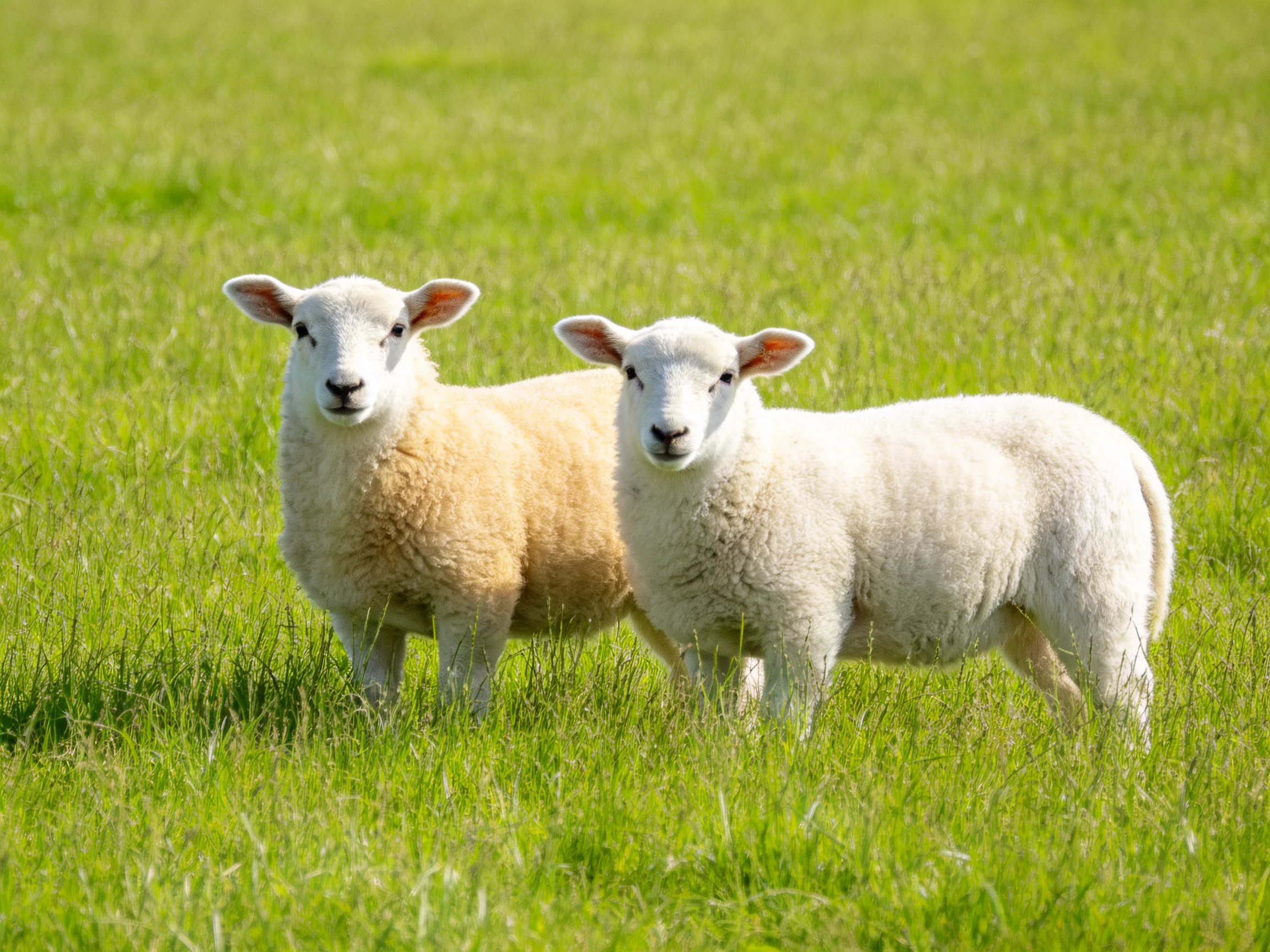 Two lambs of varying shades in a lush green pasture