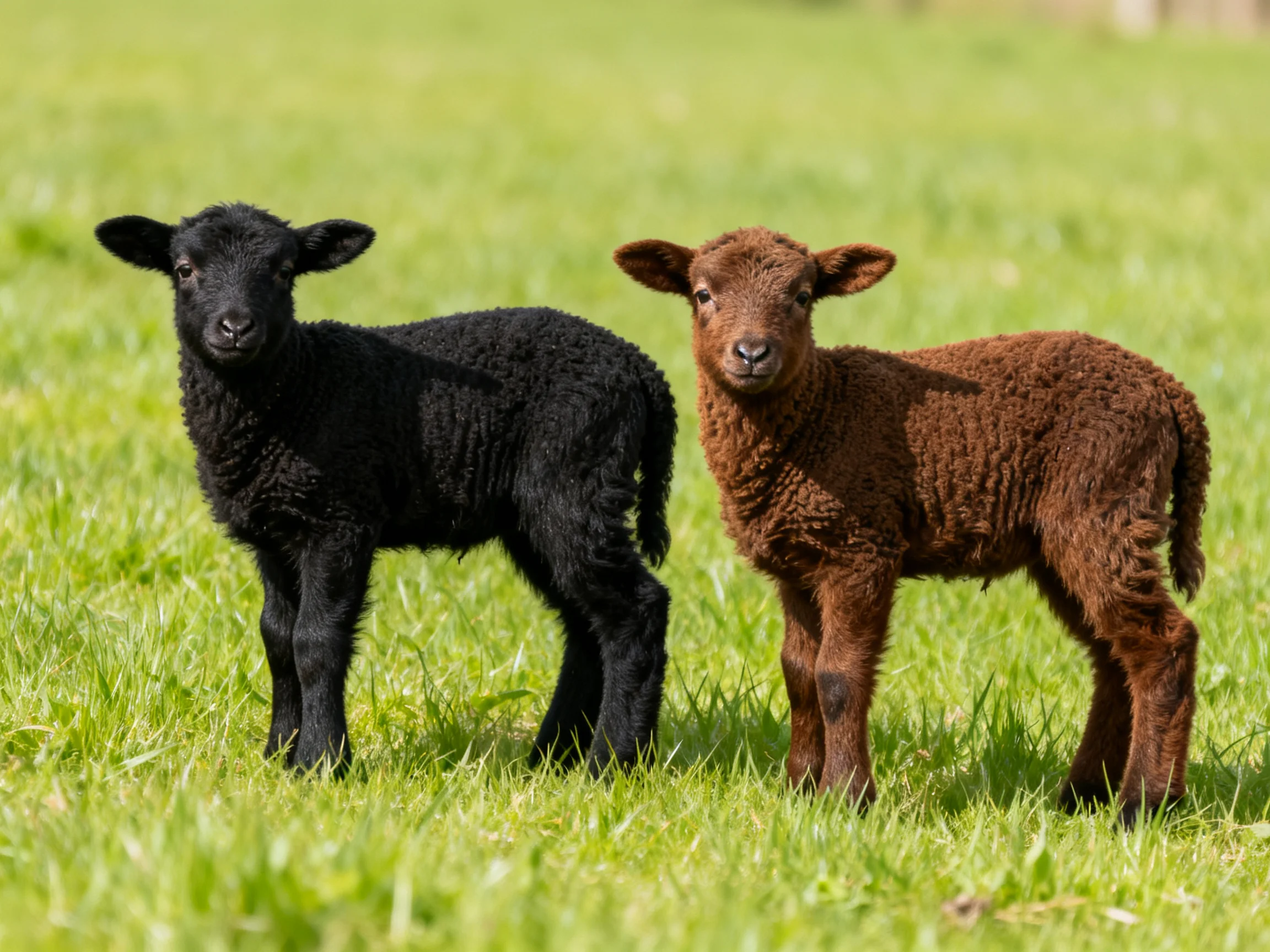 Two lambs, one black and one brown, stand in a green meadow