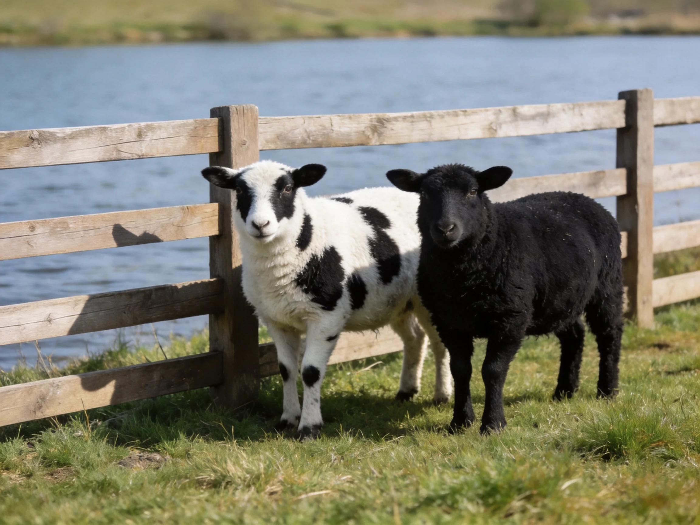 Two lambs, one black and white, one solid black, by a wooden fence near water