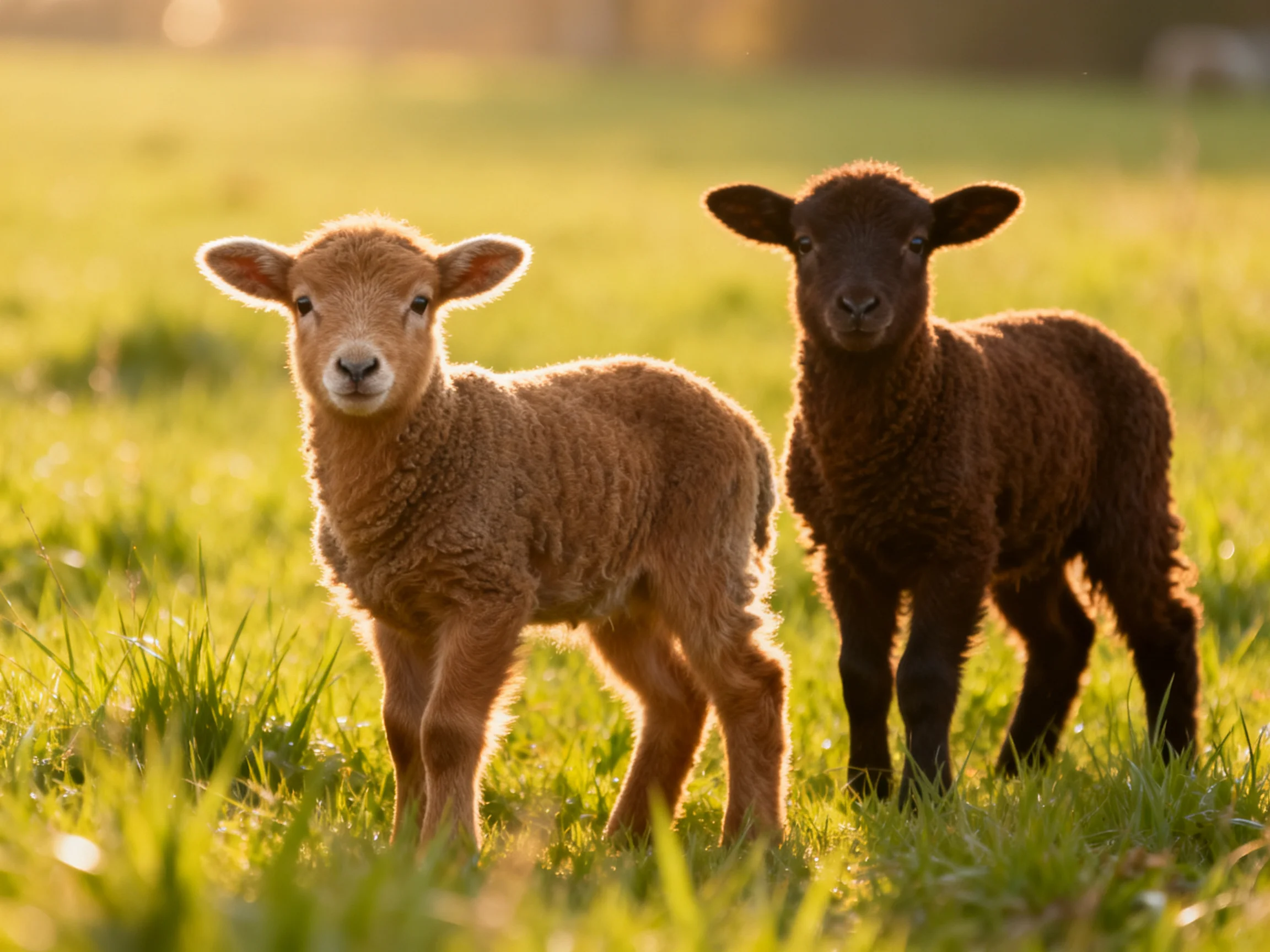 Two lambs, one light brown and one dark brown, in a sunlit meadow