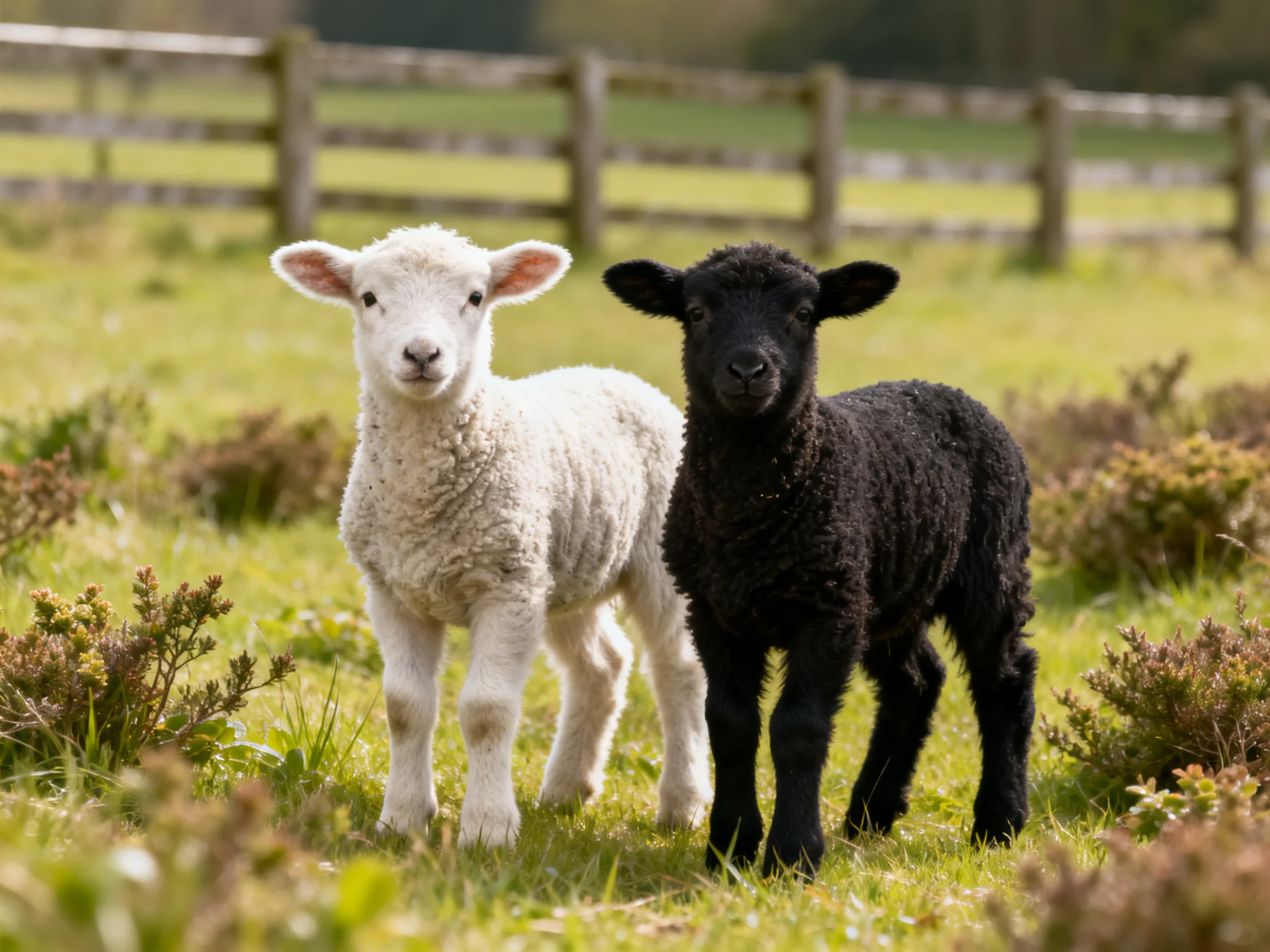 Two lambs, one white and one black, in a grassy field with a wooden fence