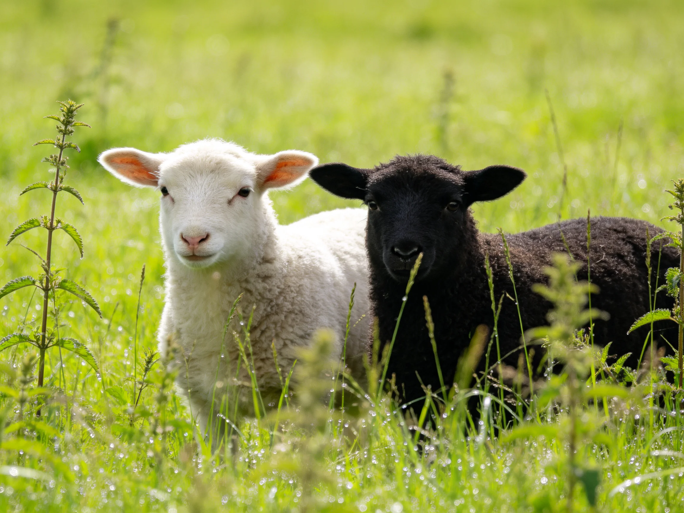 Two lambs, one white and one black, in a sun-dappled green meadow.