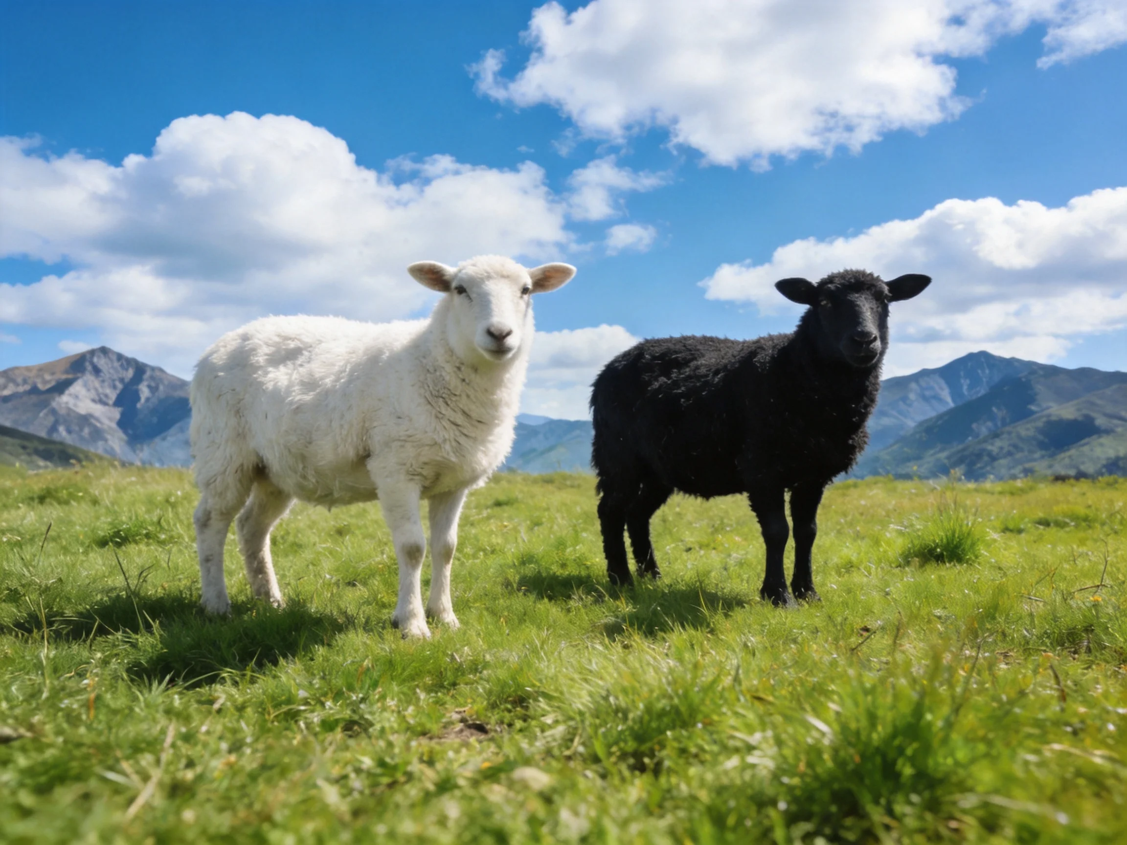 Two lambs, one white and one black, on a green meadow with mountains