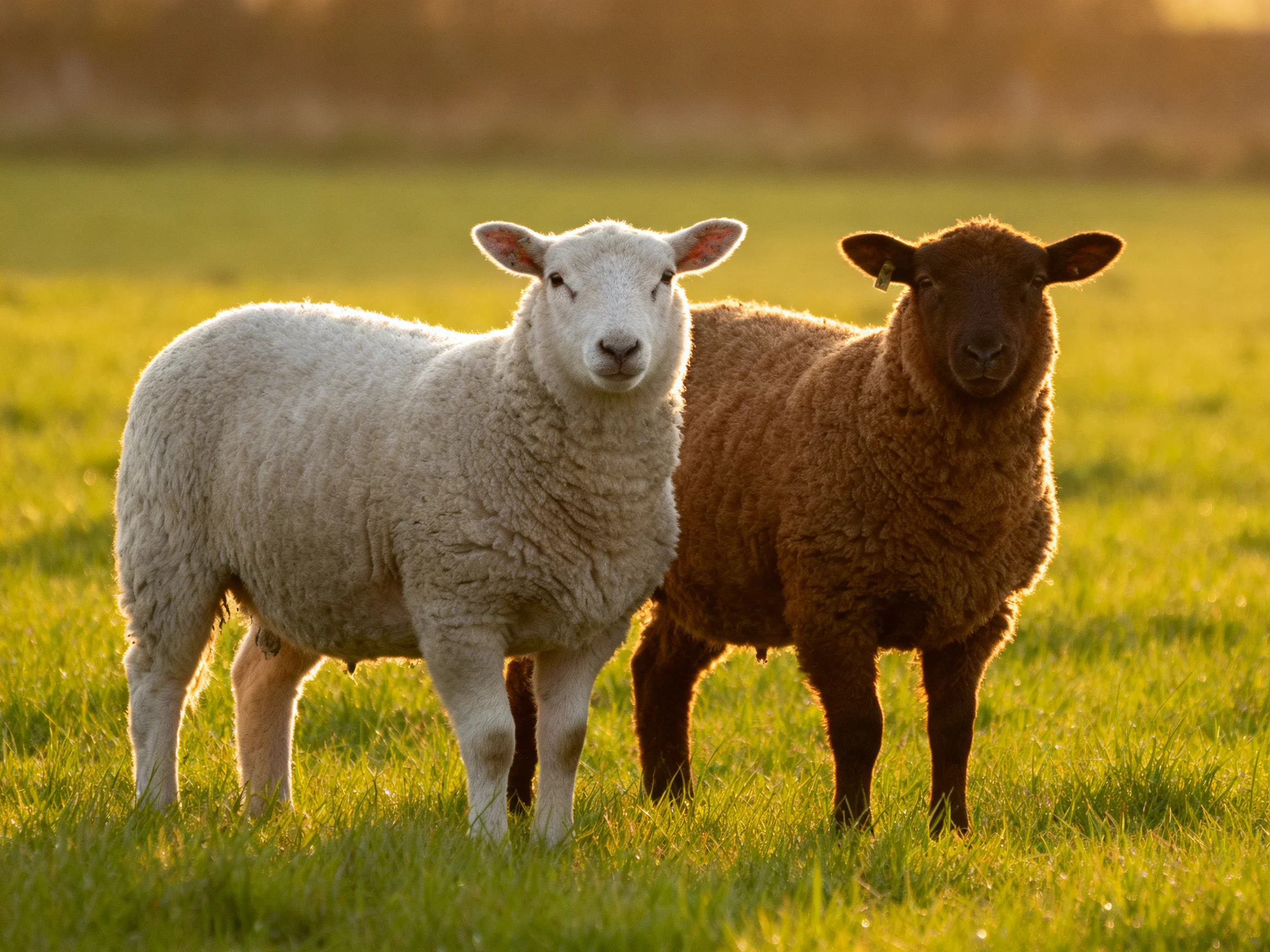 Two lambs, one white and one brown, in a sunlit green pasture.
