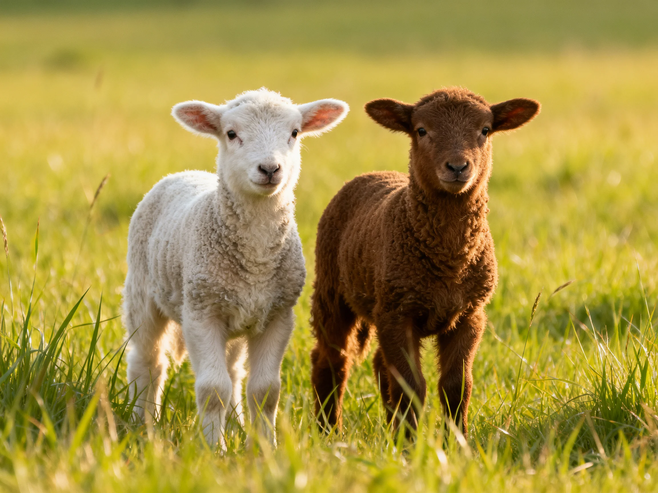 Two lambs, one white and one brown, in a sunlit meadow