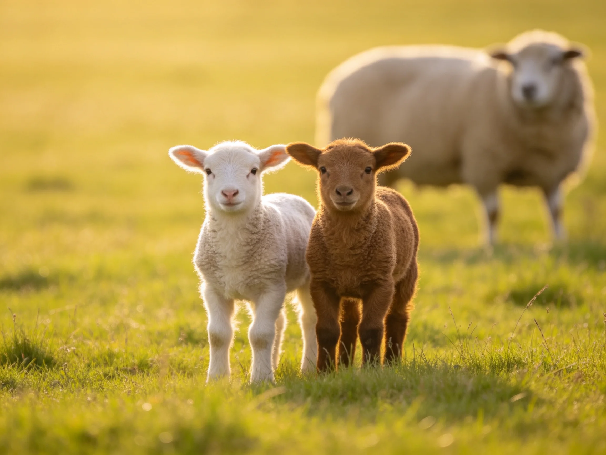 Two lambs, one white and one brown, near an adult sheep in a sunlit meadow