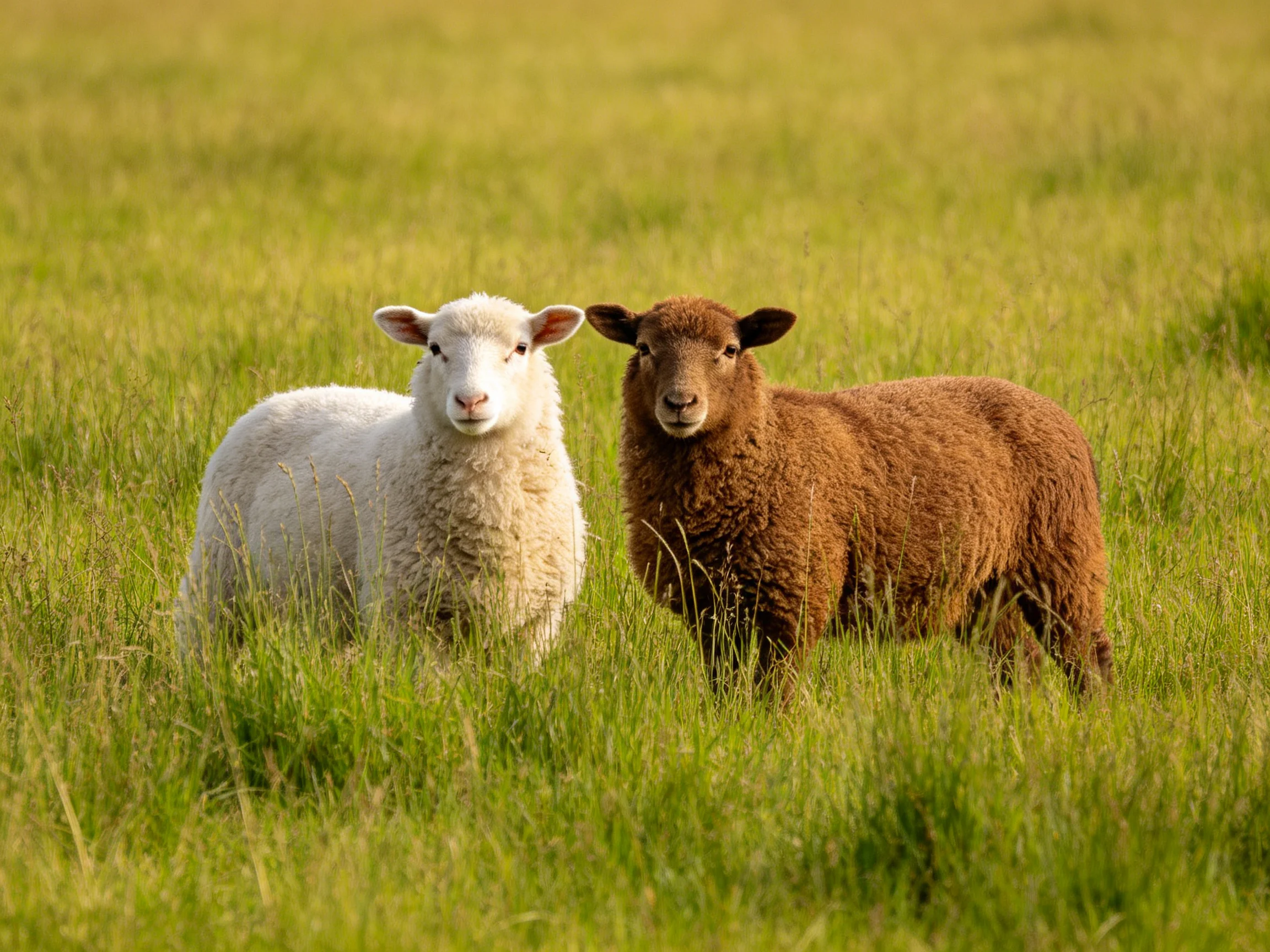 Two lambs, one white and one brown, stand in tall green grass