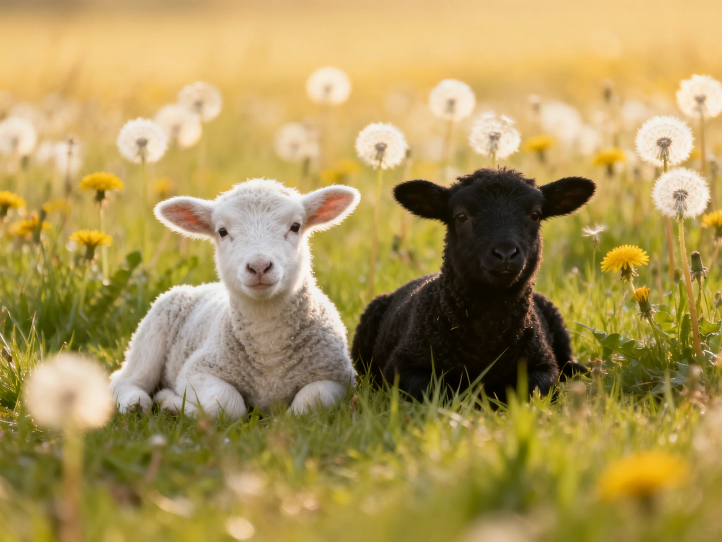 Two lambs rest amid dandelions and yellow flowers in a sunlit meadow