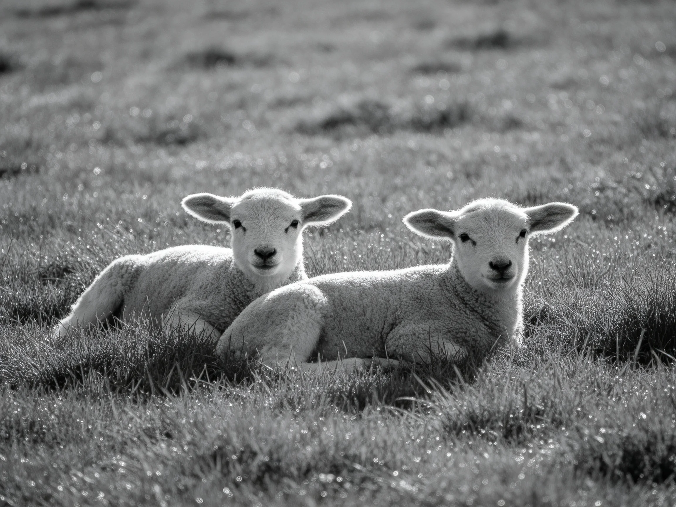 Two lambs rest in a grassy field