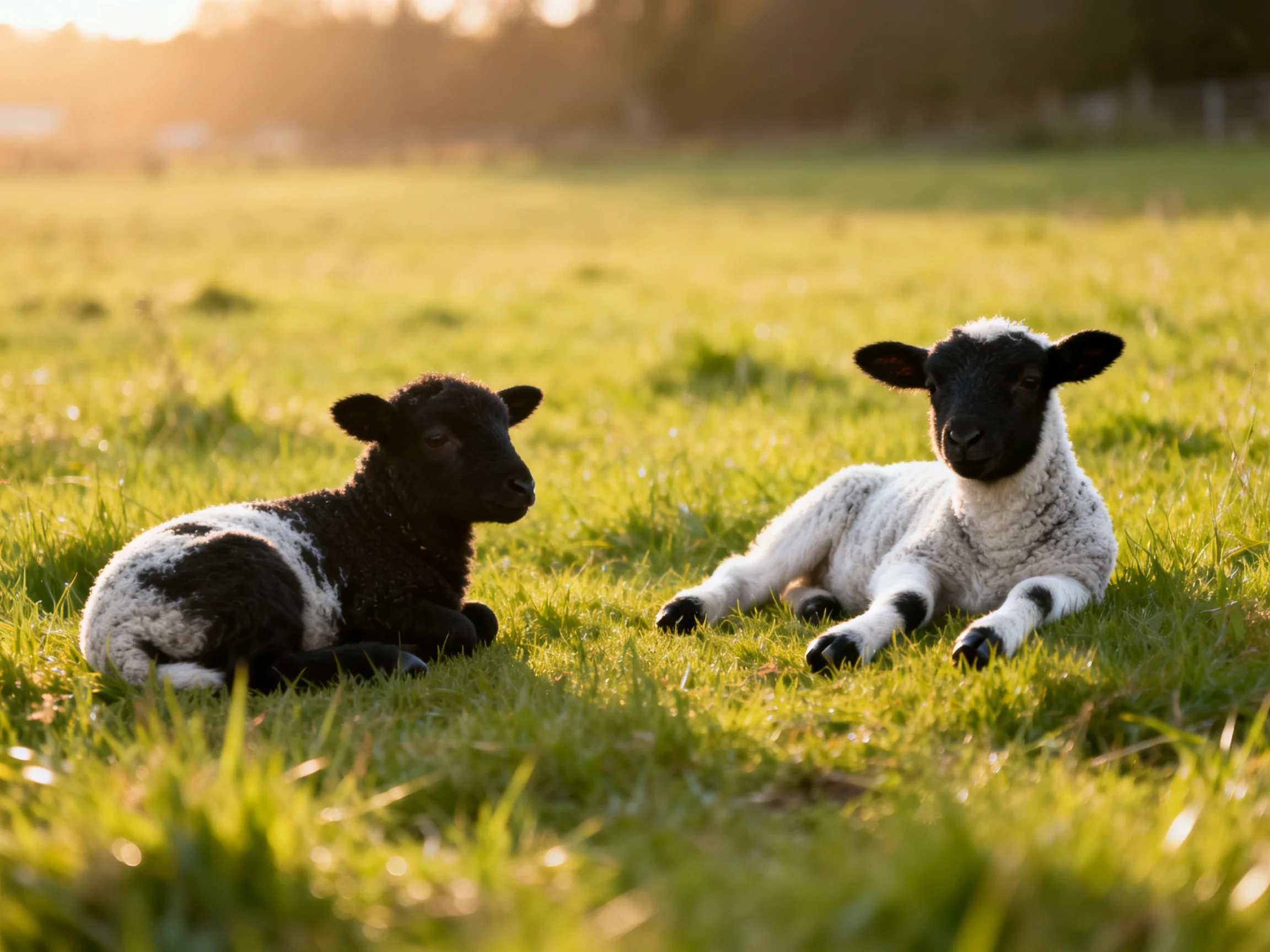 Two lambs rest in a sunlit green pasture
