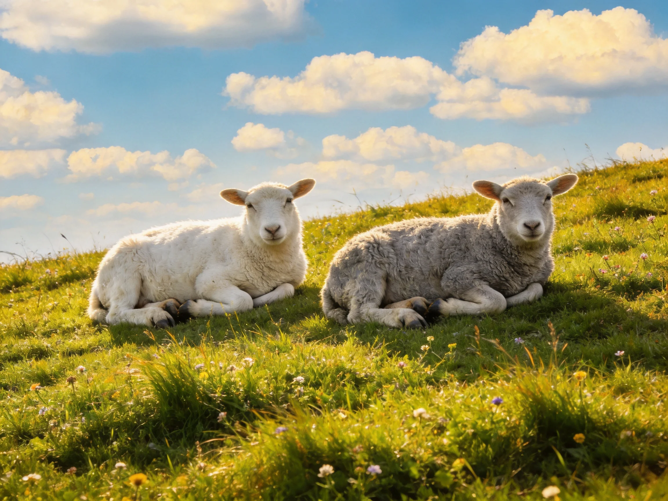 Two lambs rest on a lush green hillside under bright sky