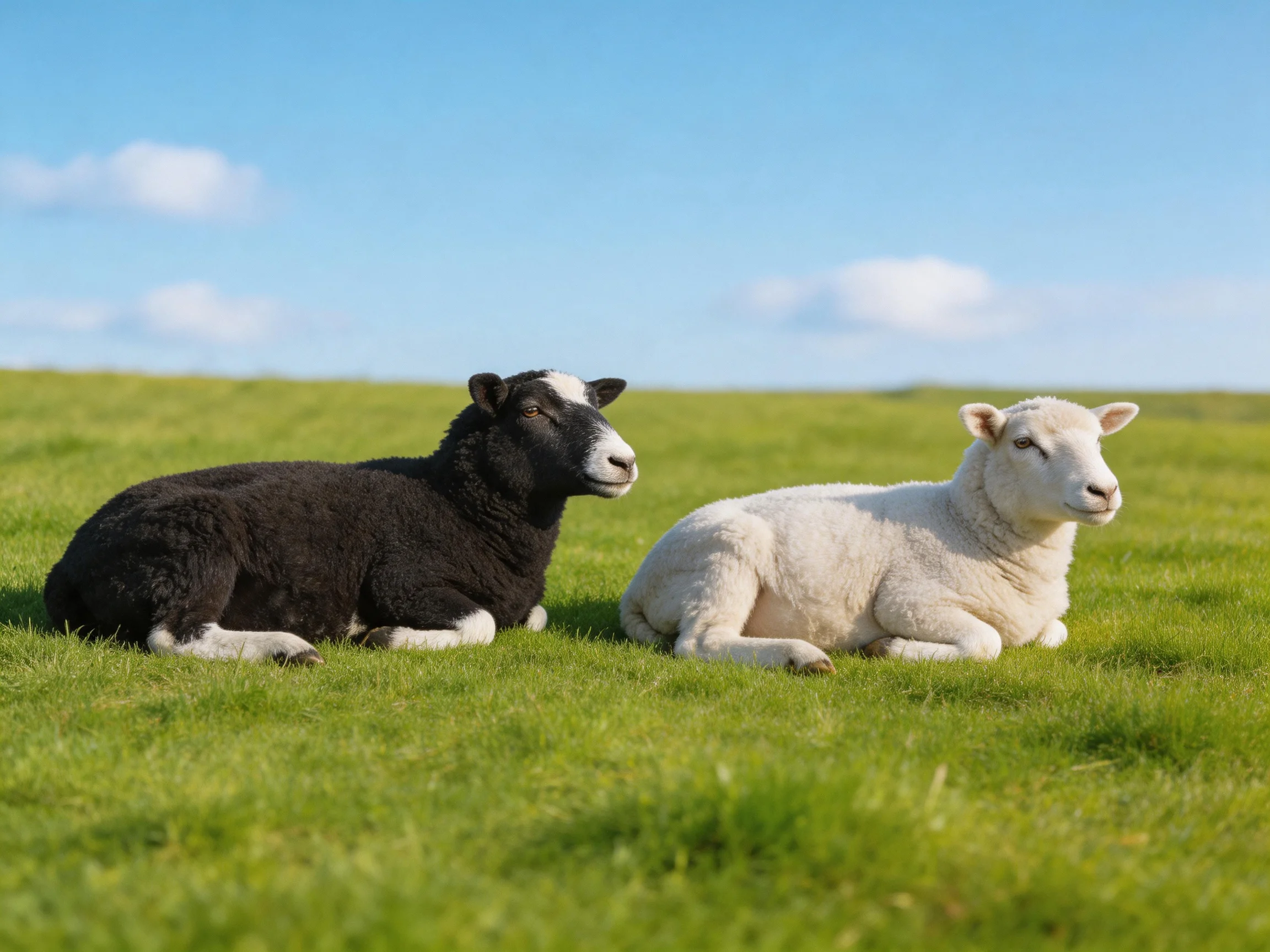 Two lambs rest on lush green grass under bright blue sky