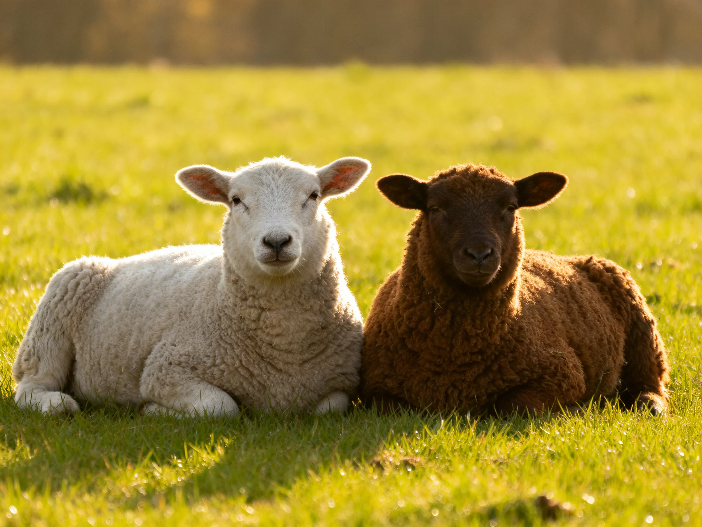 Two lambs rest together on lush green grass