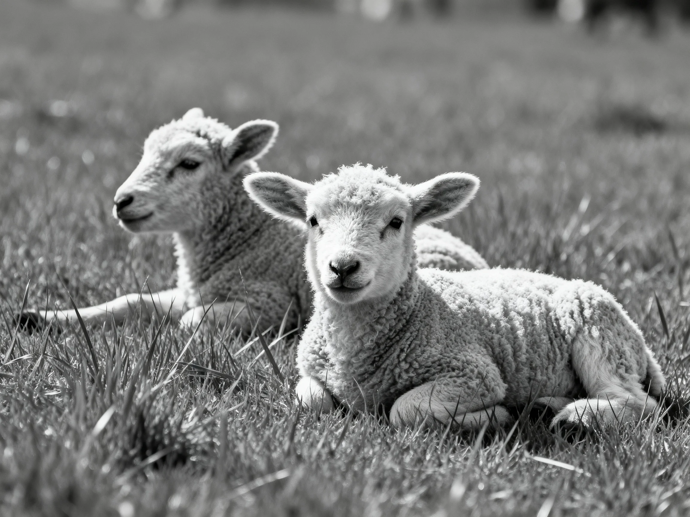 Two lambs resting in a grassy field