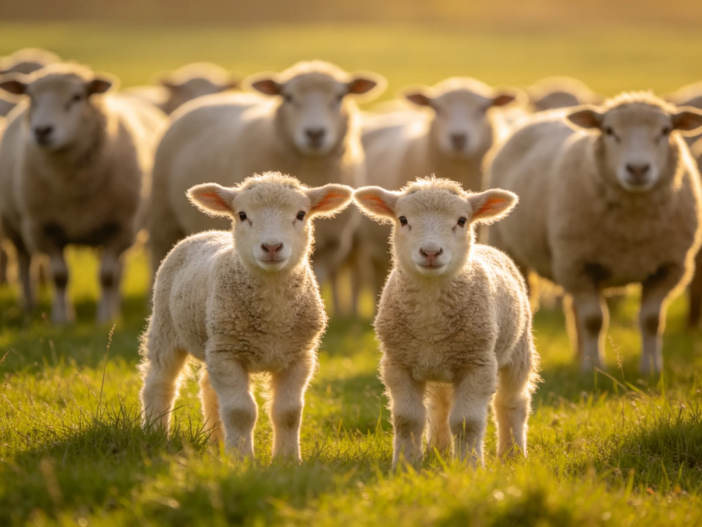 Two lambs stand amid a flock of sheep in a sunlit meadow