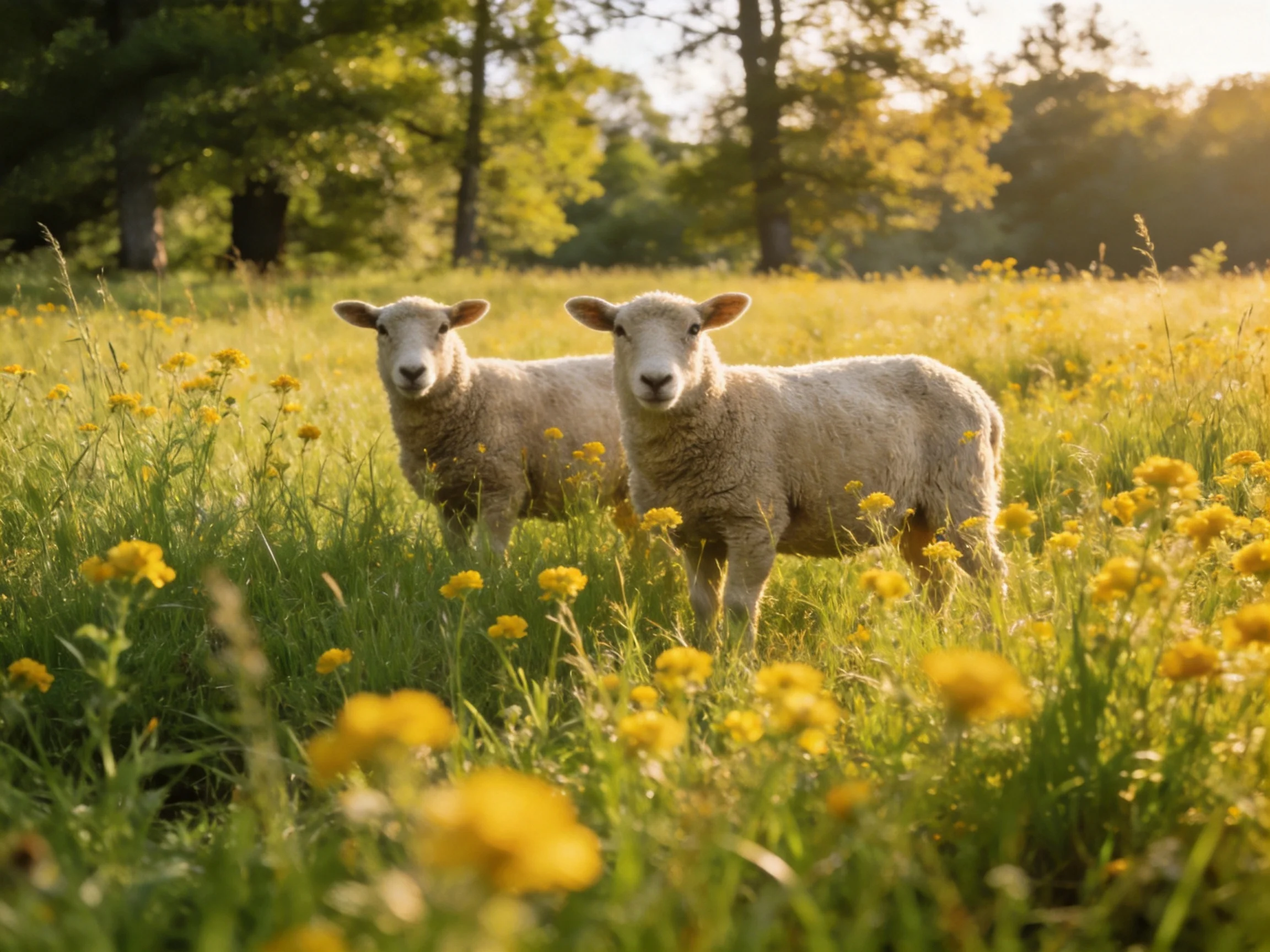 Two lambs are in a sunlit meadow with yellow flowers and tall grass.