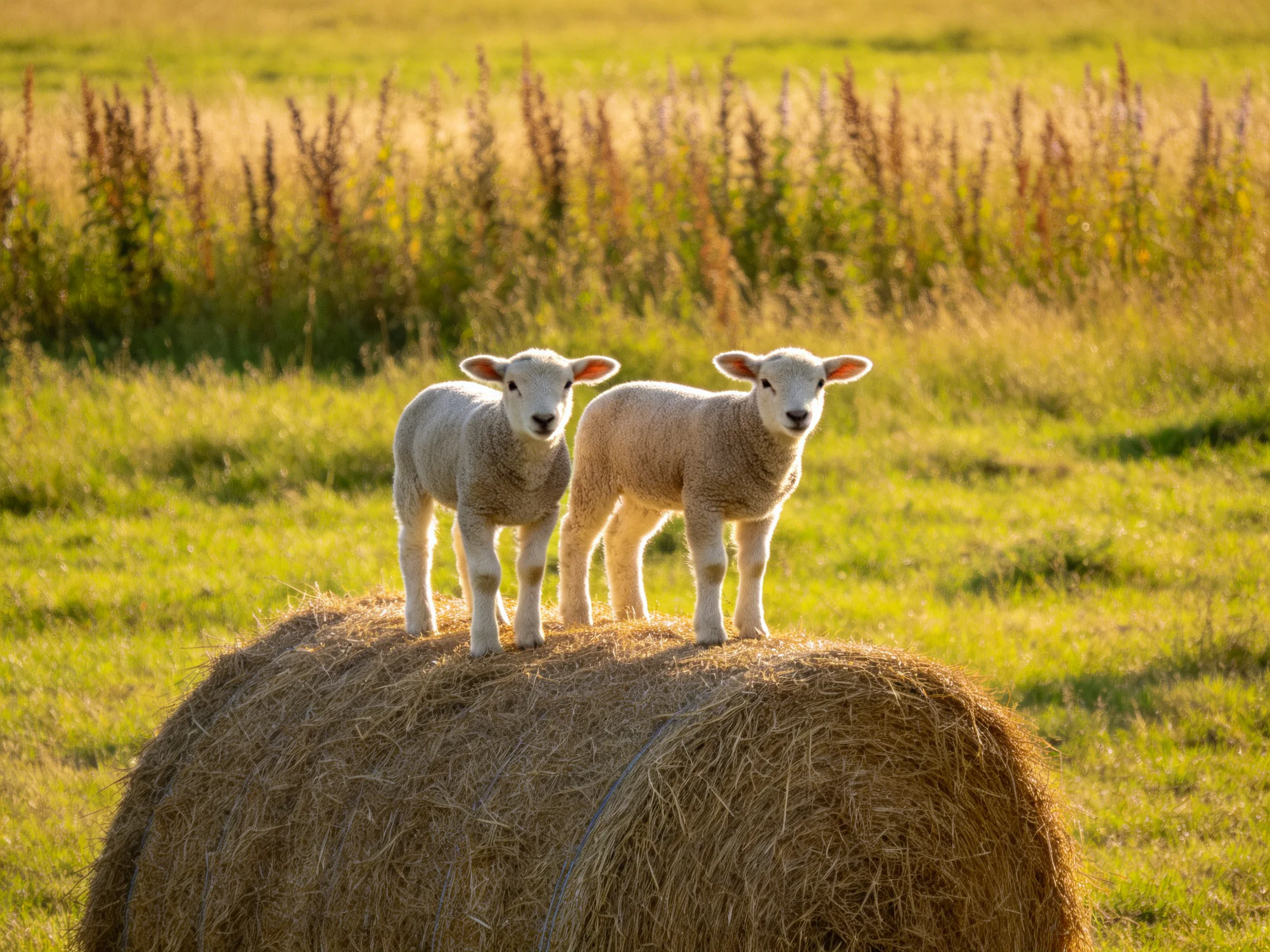 Two lambs stand atop a hay bale in a sunlit green pasture