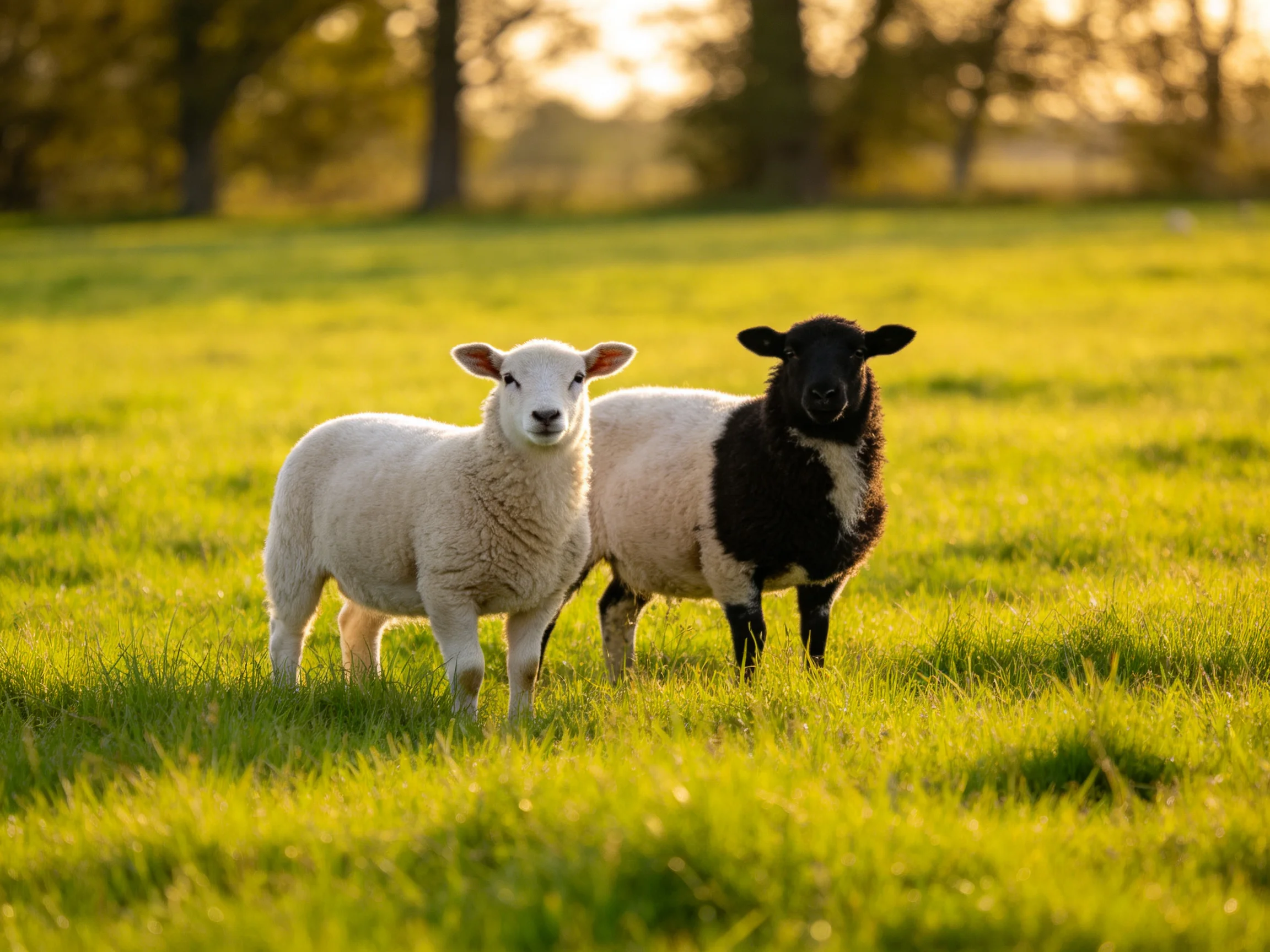 Two lambs stand in a sunlit green pasture—one white, one black