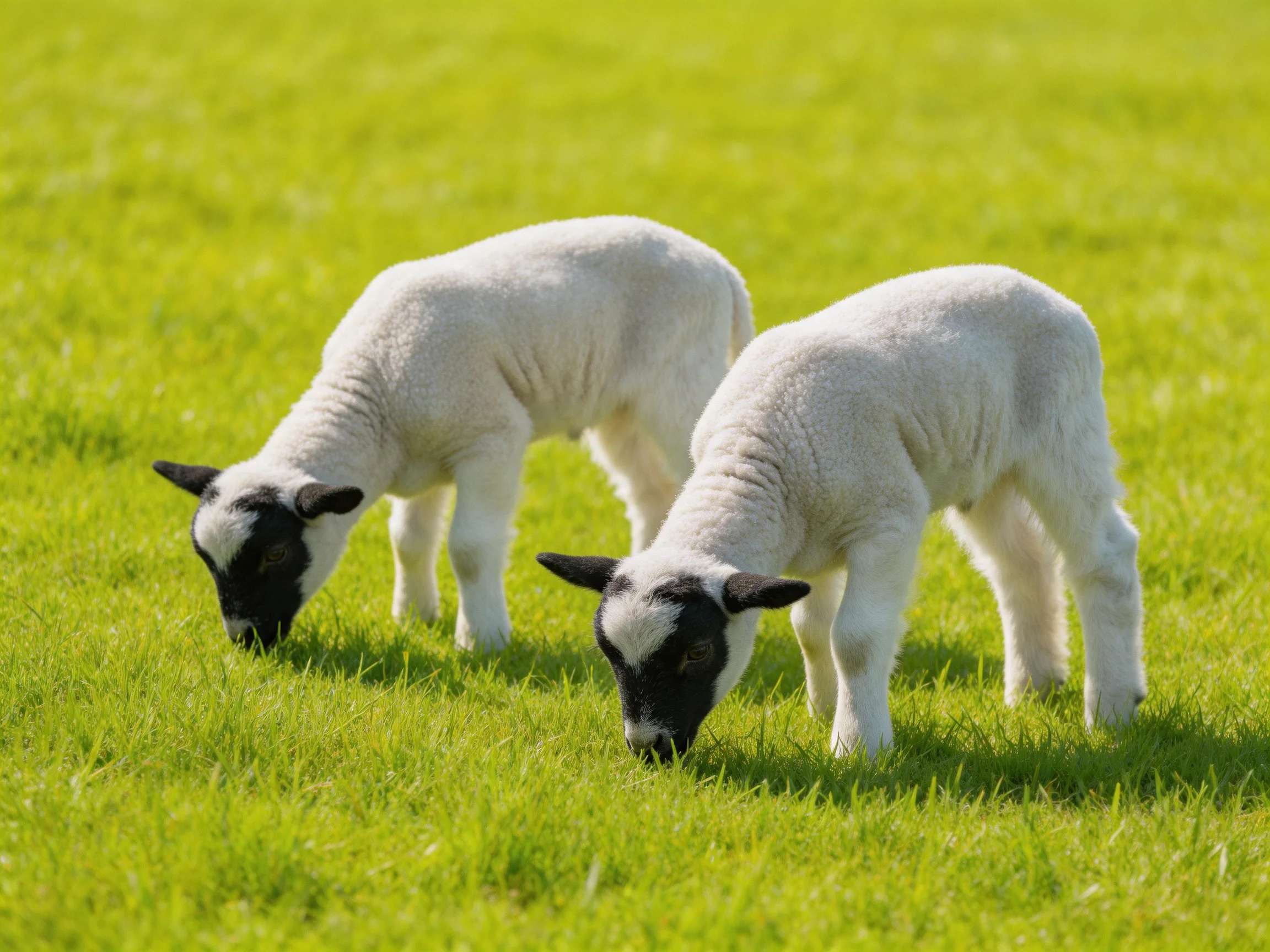 Two lambs with black faces graze in a green meadow