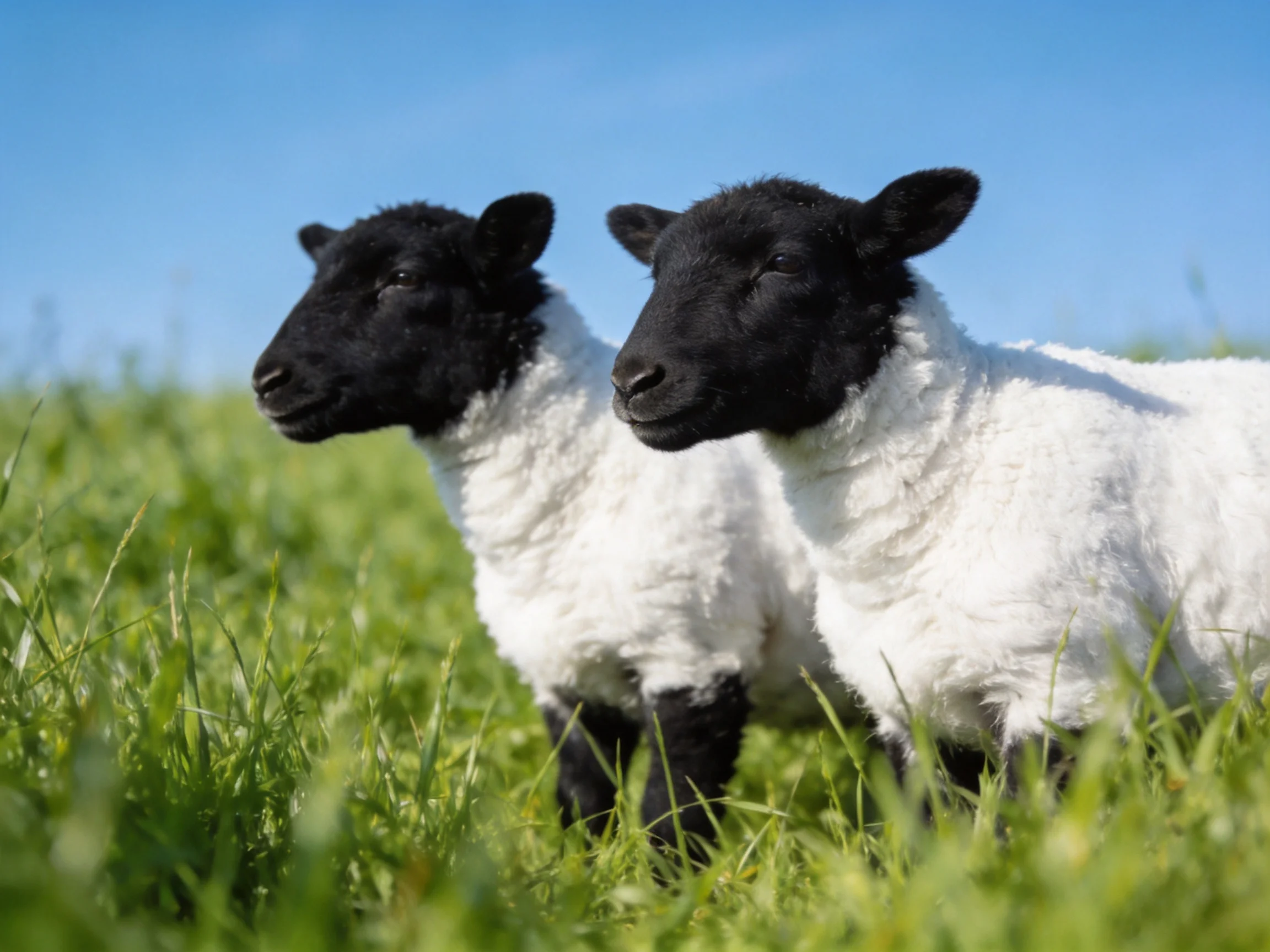Two lambs with black faces stand in a lush green meadow under clear blue sky