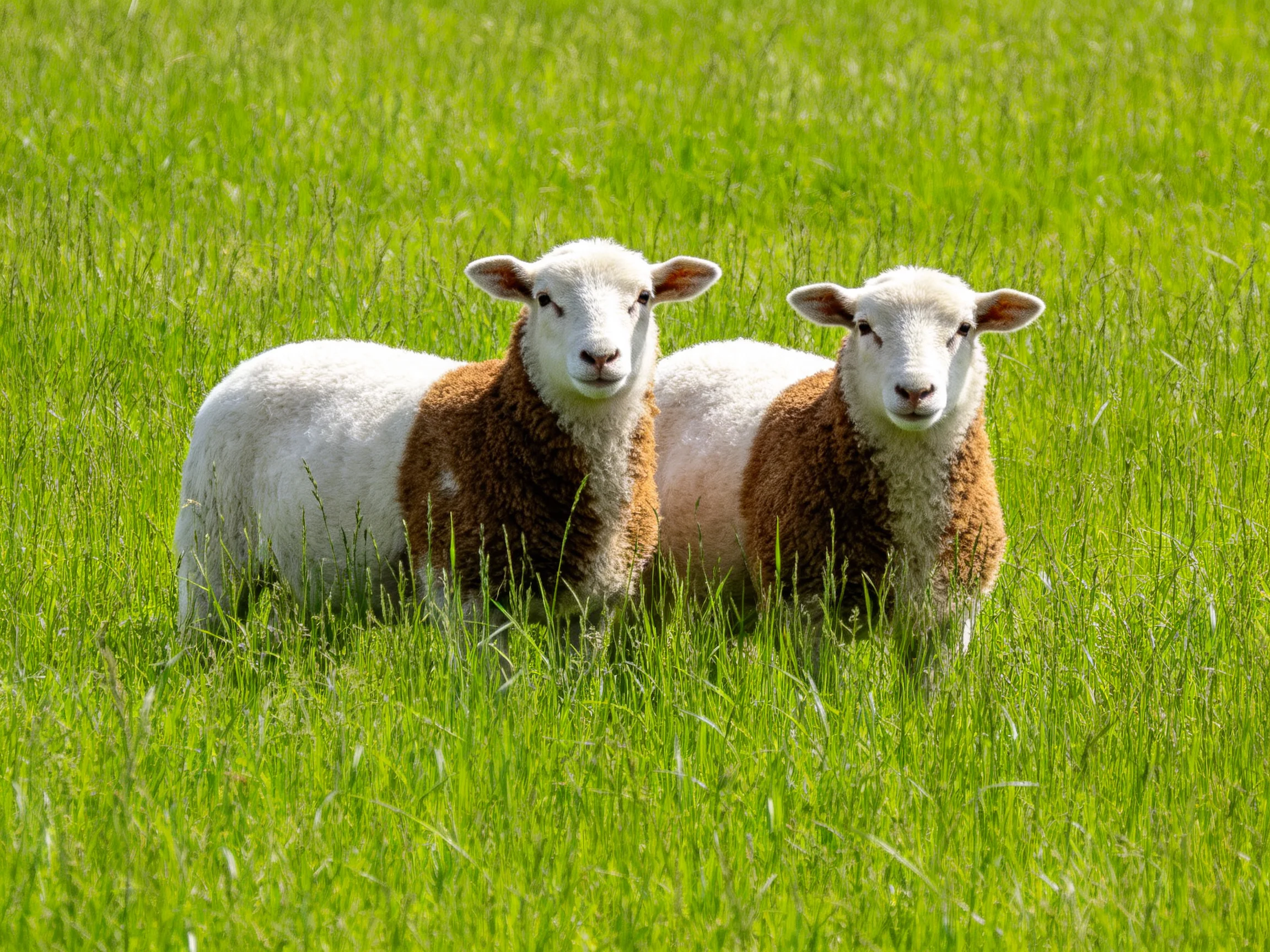 Two lambs with brown and white coats in lush green grass
