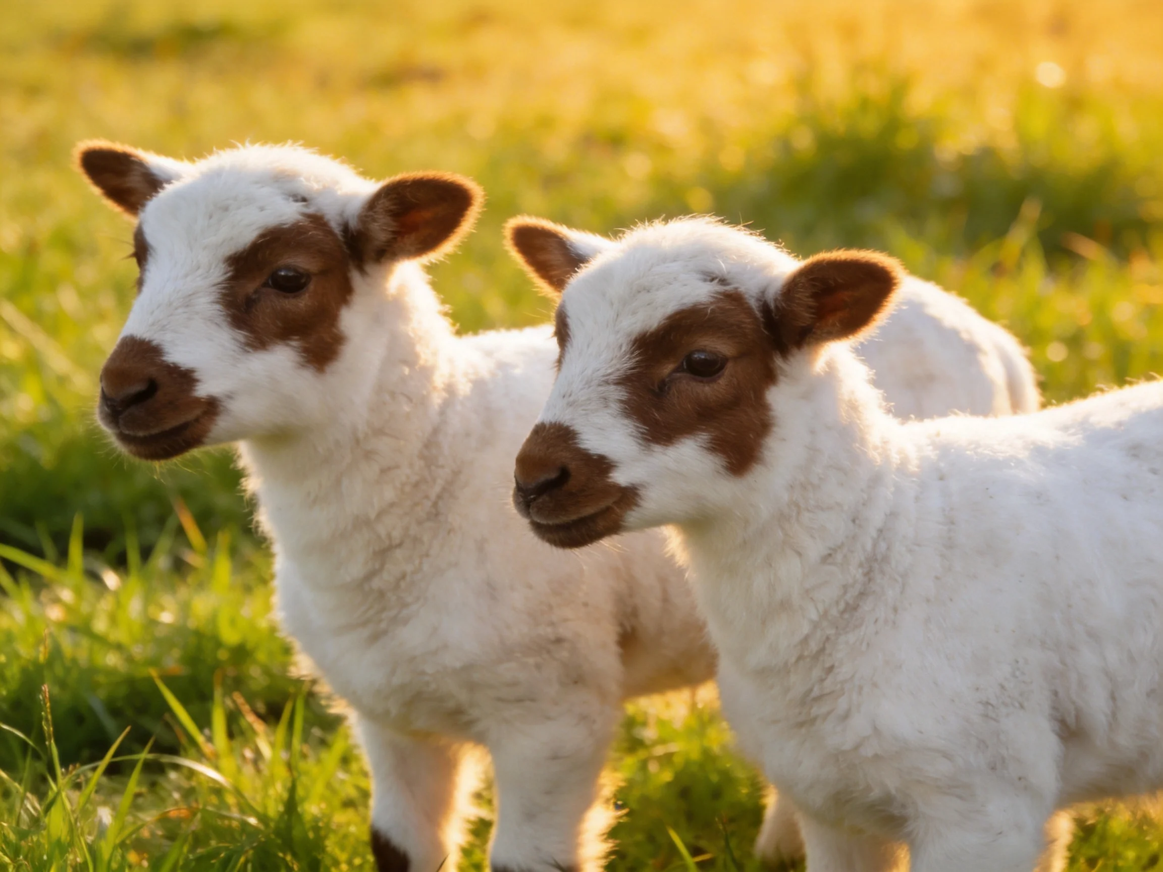 Two lambs with brown markings in a sunlit meadow