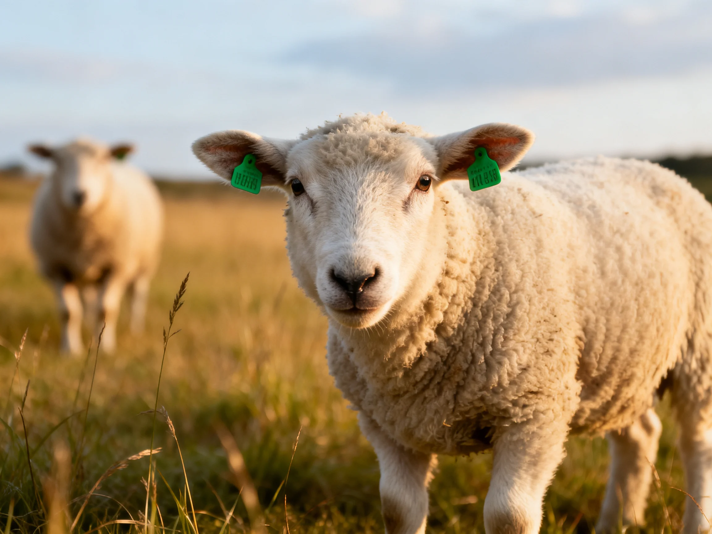 Two lambs with green ear tags graze in a golden field under soft light