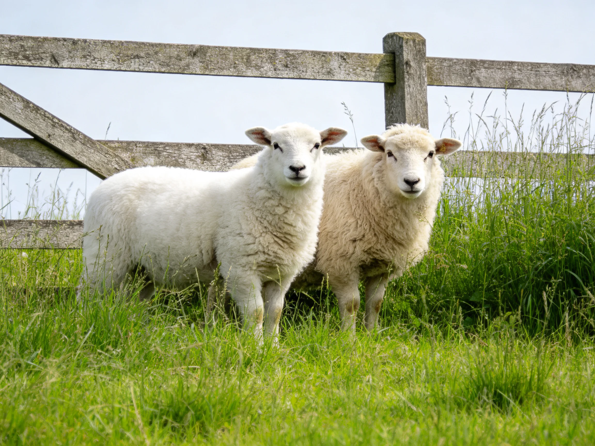 Two lambs with thick wool coats near a weathered wooden fence