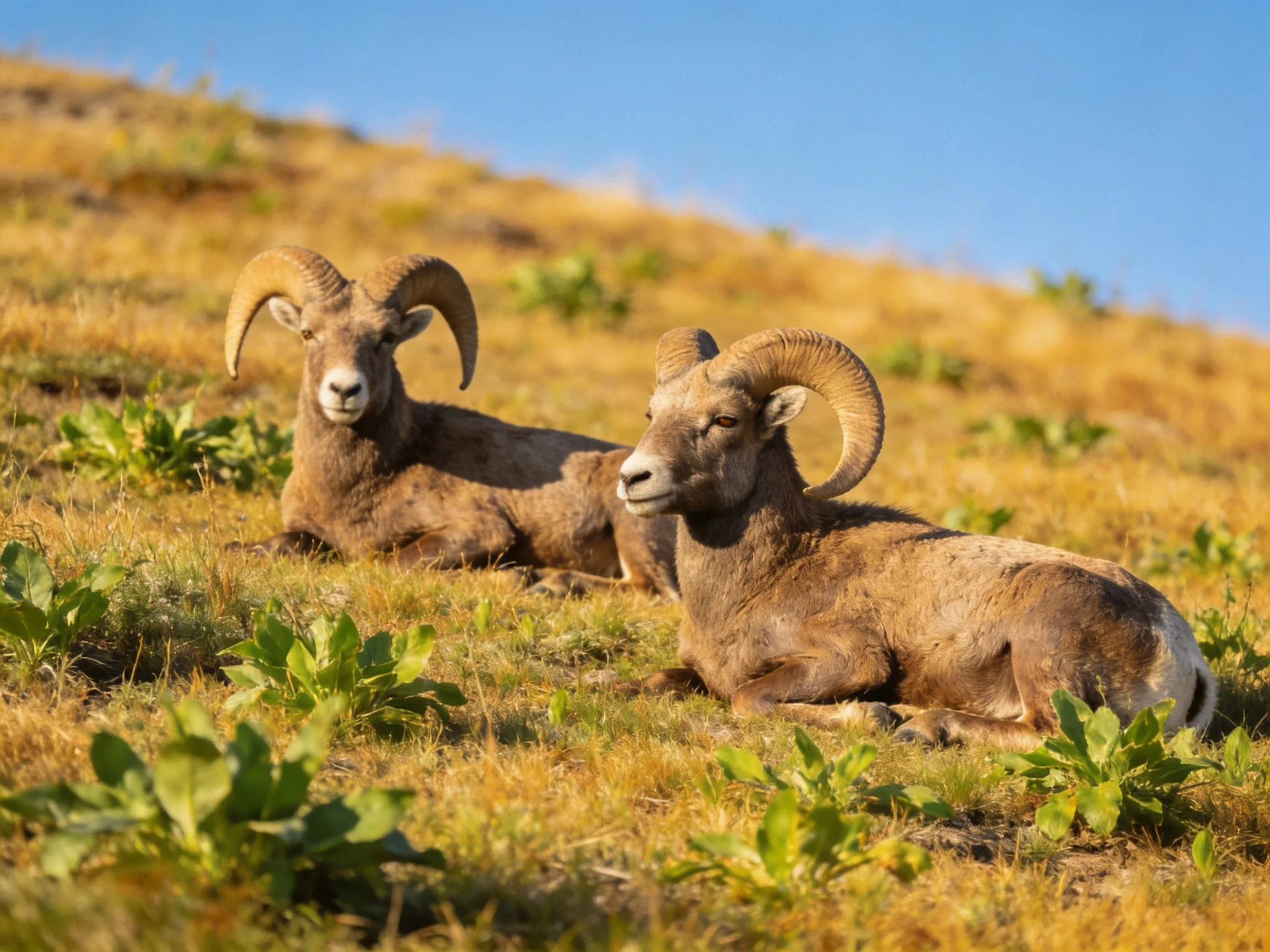 Two large brown bighorn rams on a sunlit grassy hill