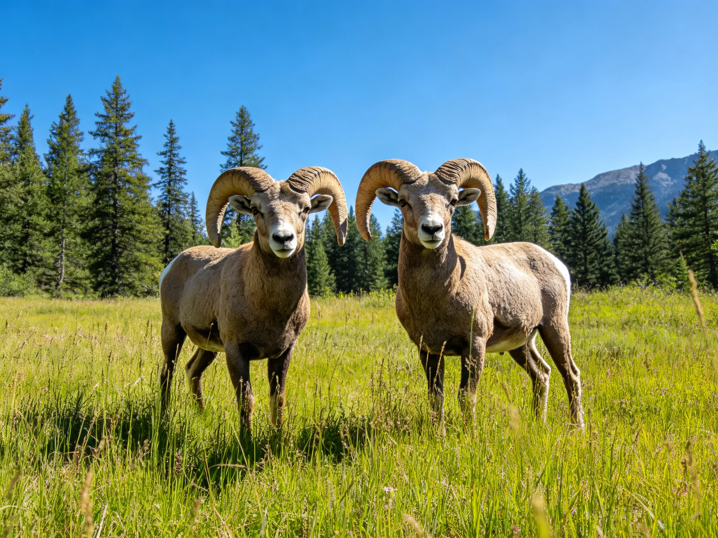 Two large horned rams in a lush green meadow